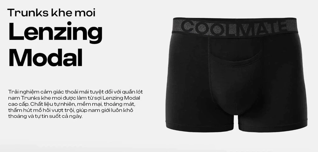 Combo 3 quần lót nam Trunk Lenzing Modal cạp logo + khe moi kháng khuẩn, thấm hút tốt Coolmate