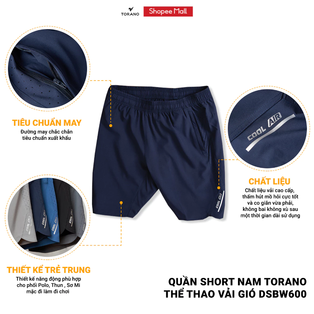 Quần short nam COOL AIR SHORTS TORANO thể thao vải gió, siêu nhẹ, thoải mái BW600