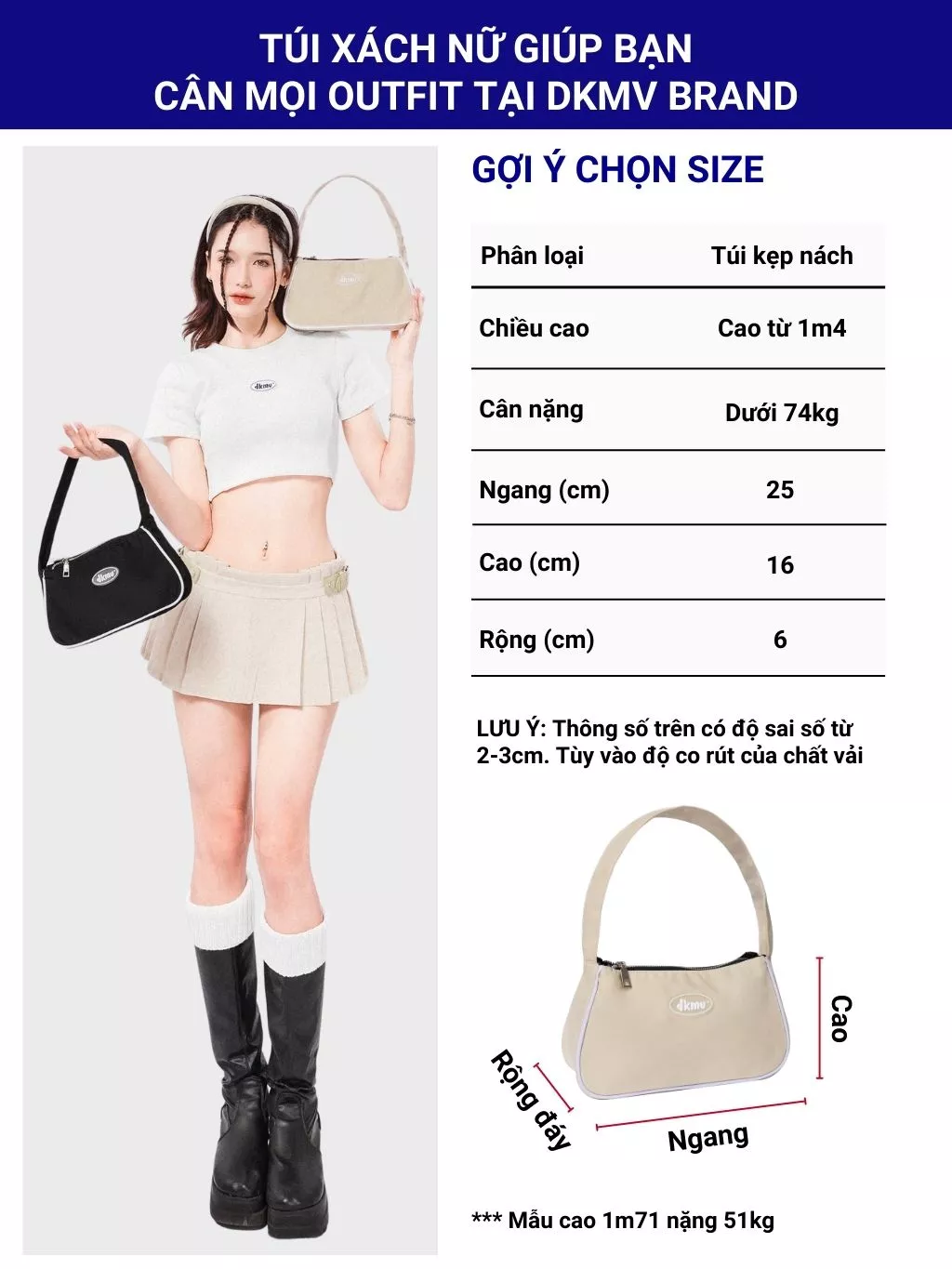 Túi xách nữ đeo chéo kẹp nách DKMV màu đen, kem chất liệu canvas, dù thời trang basic Hobo Bag I K-B08 & K-B31