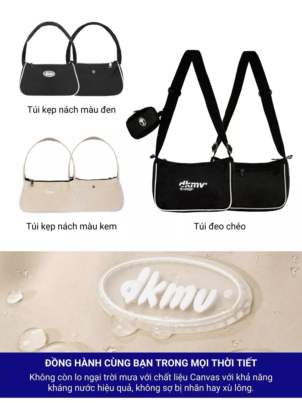 Túi xách nữ đeo chéo kẹp nách DKMV màu đen, kem chất liệu canvas, dù thời trang basic Hobo Bag I K-B08 & K-B31