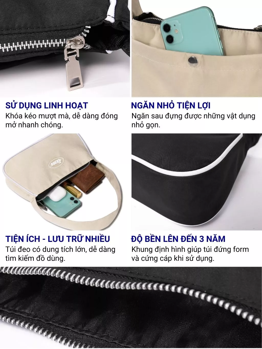 Túi xách nữ đeo chéo kẹp nách DKMV màu đen, kem chất liệu canvas, dù thời trang basic Hobo Bag I K-B08 & K-B31