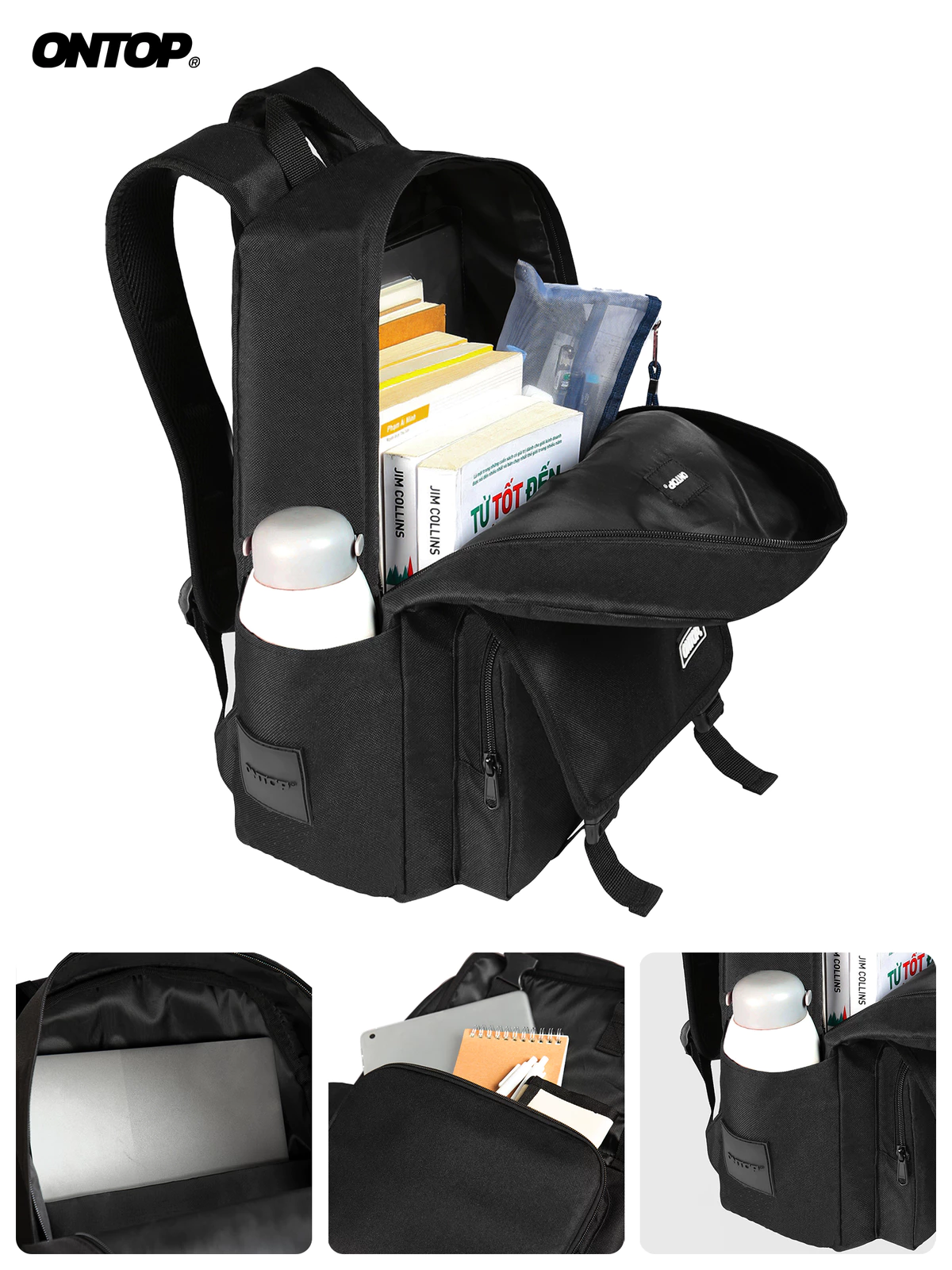Balo đi học local brand ONTOP màu đen trơn nhiều ngăn dây rút đựng laptop Drawstring Backpack | O-P31
