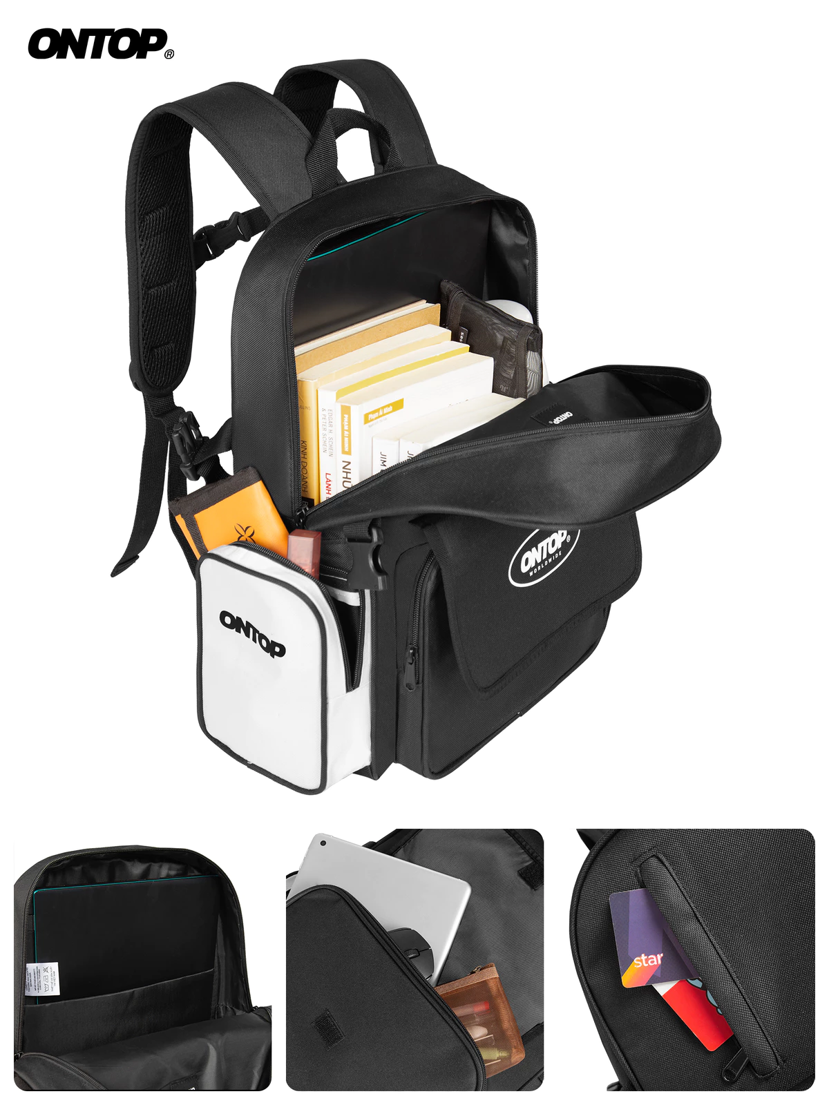 Balo vải canvas nam nữ nhiều ngăn ONTOP đựng vừa laptop 15.6inch màu đen, kem local brand BW Backpack | O-P16 & O-P36