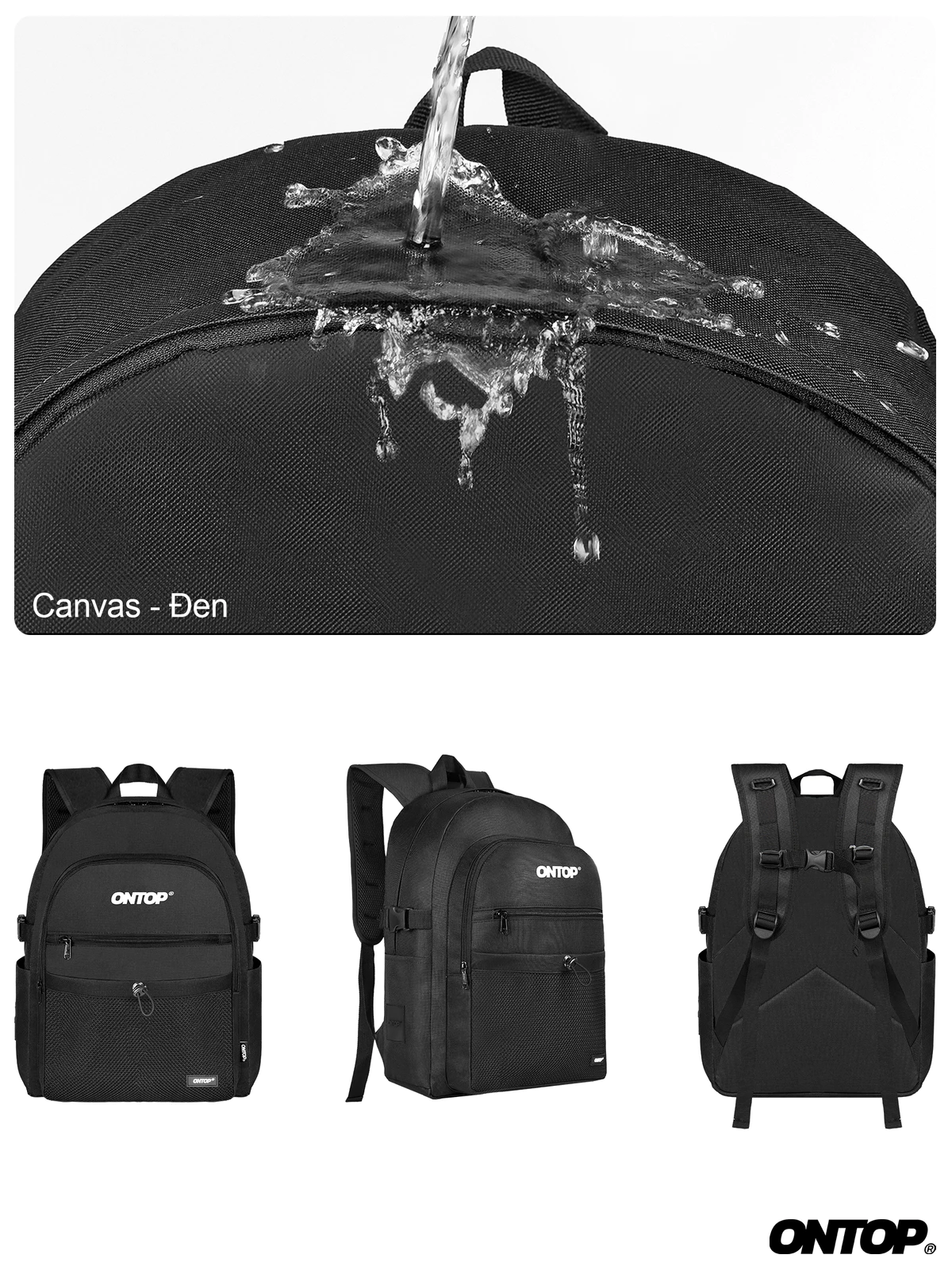 Balo canvas nam nữ màu đen ONTOP phối lưới, nhiều ngăn, đựng laptop 15.6inch Gridline Backpack | O-P51