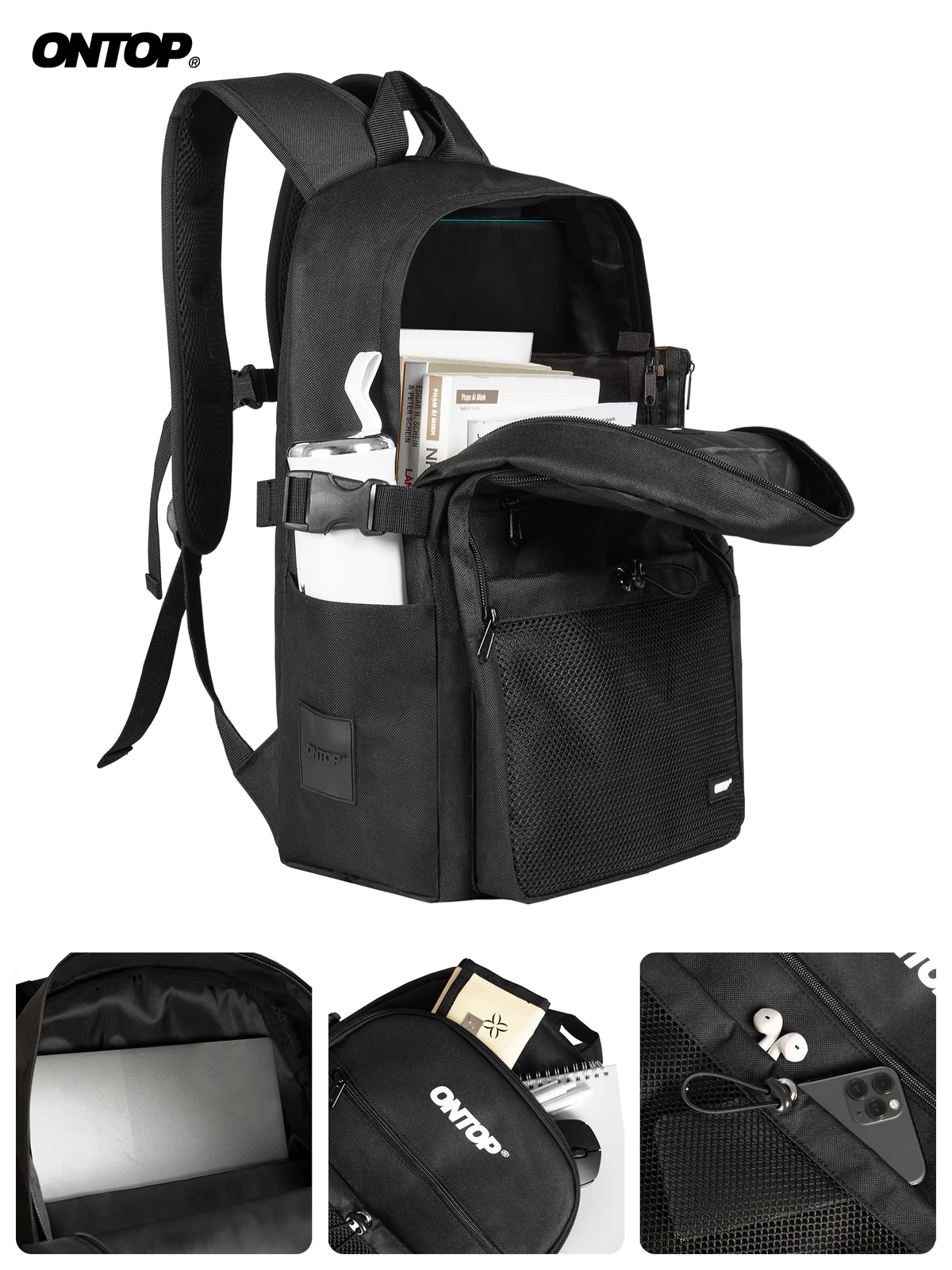 Balo canvas nam nữ màu đen ONTOP phối lưới, nhiều ngăn, đựng laptop 15.6inch Gridline Backpack | O-P51