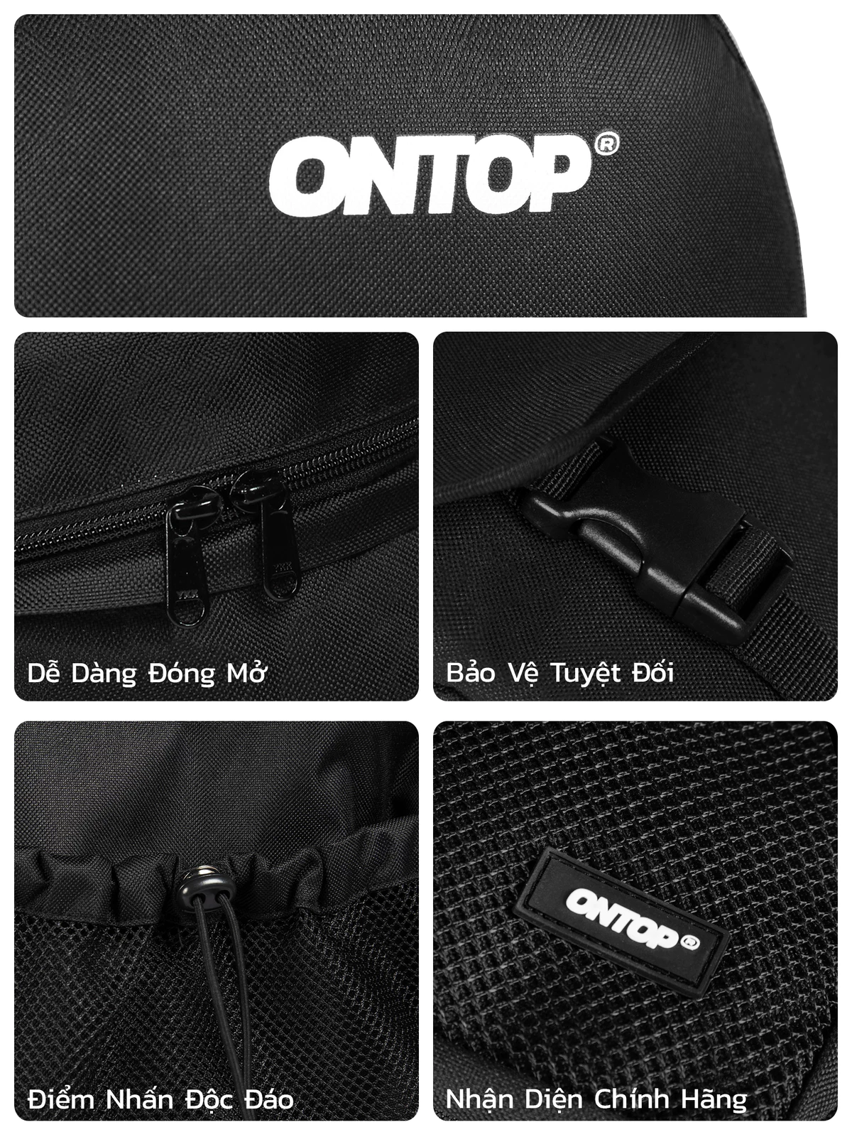 Balo canvas nam nữ màu đen ONTOP phối lưới, nhiều ngăn, đựng laptop 15.6inch Gridline Backpack | O-P51
