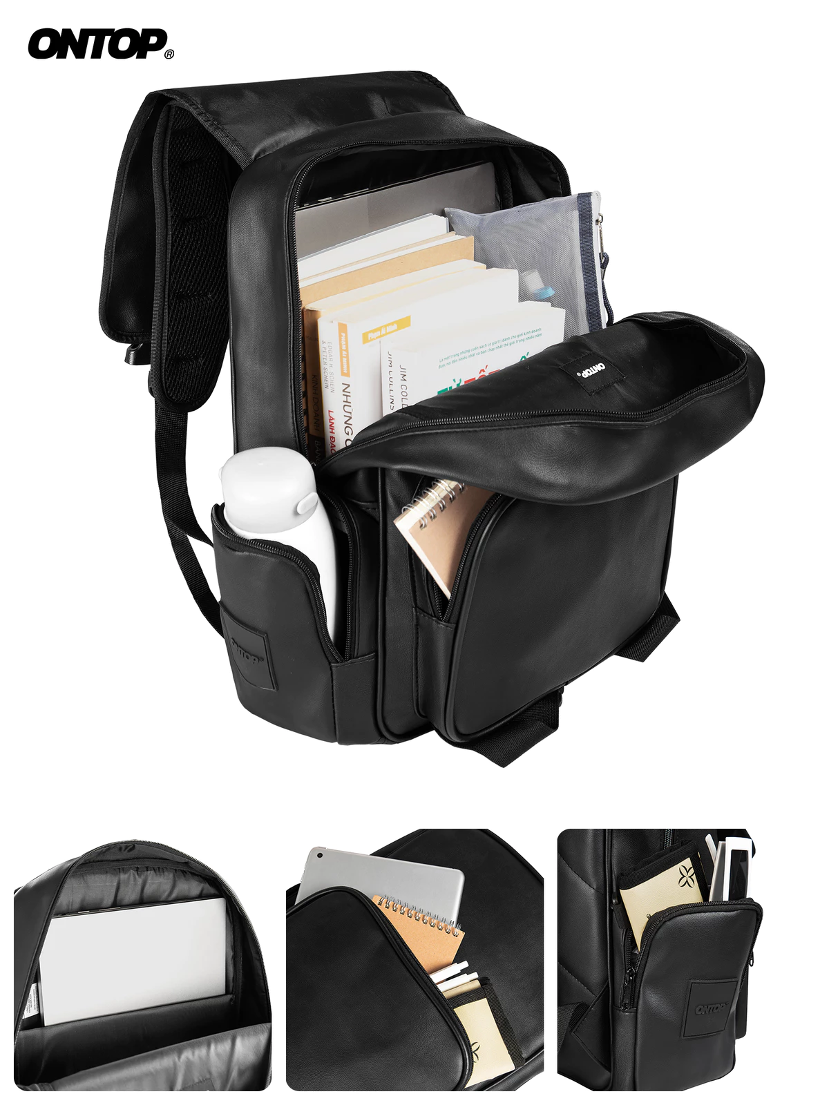 Balo da đen trơn nam nữ ONTOP chống nước nhiều ngăn đựng laptop local brand Big Buckle Backpack | O-P33