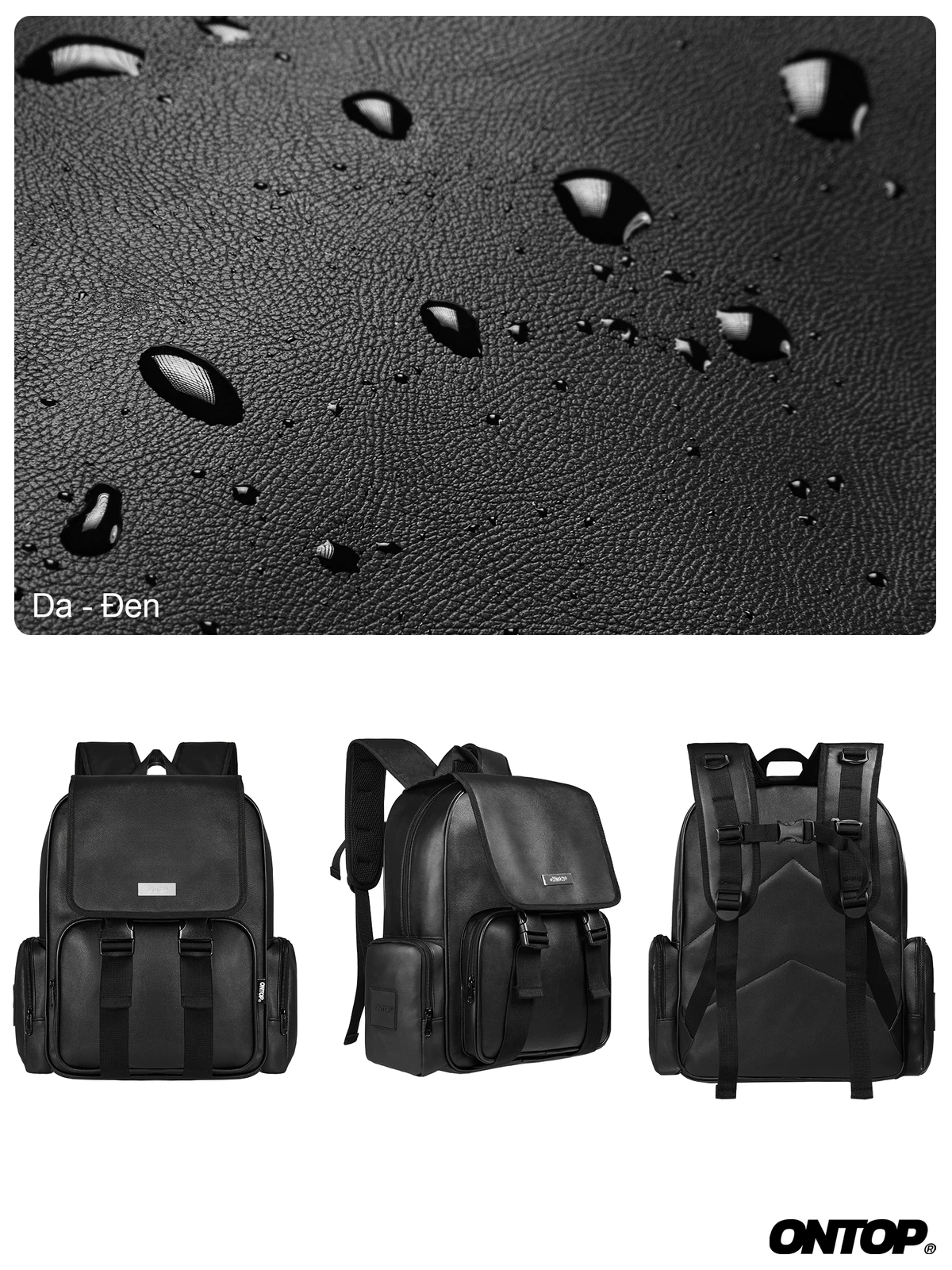Balo da đen trơn nam nữ ONTOP chống nước nhiều ngăn đựng laptop local brand Big Buckle Backpack | O-P33