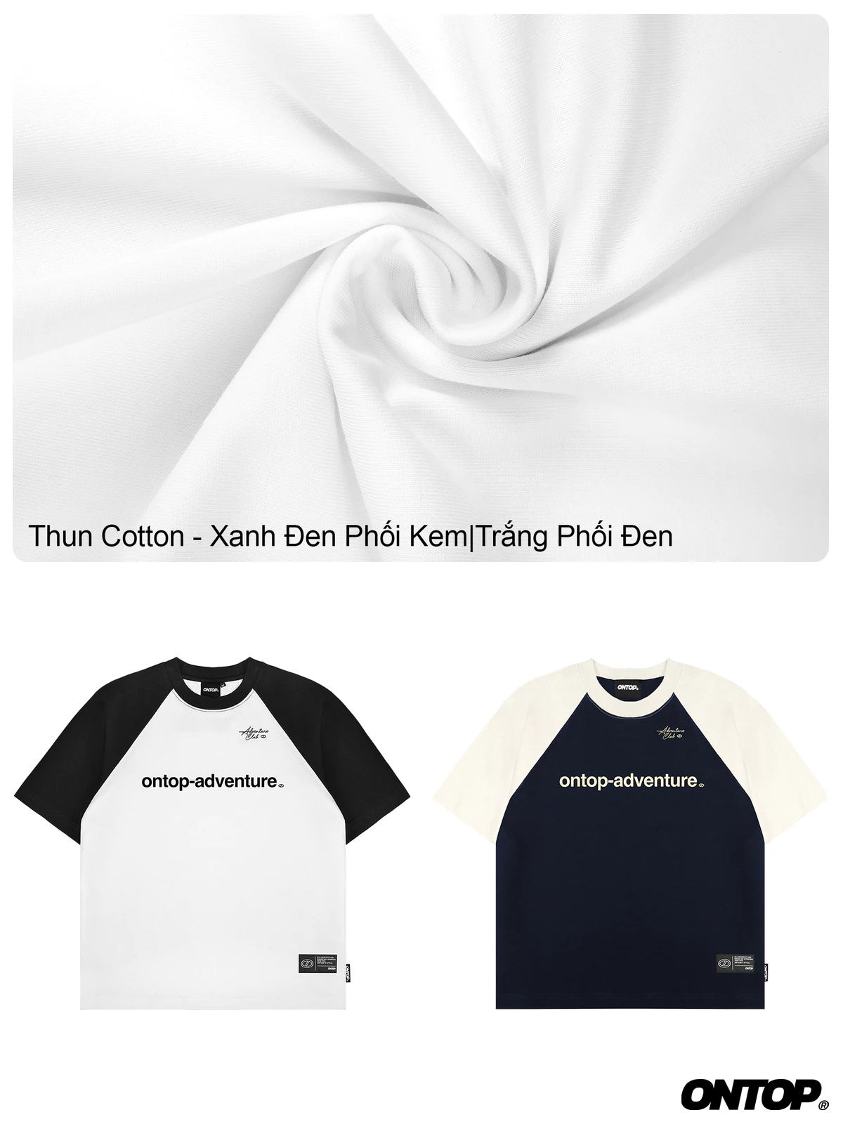 Áo thun raglan phối màu in chữ ONTOP vải cotton thoáng mát màu trắng, xanh đen local brand nam nữ | O-T6