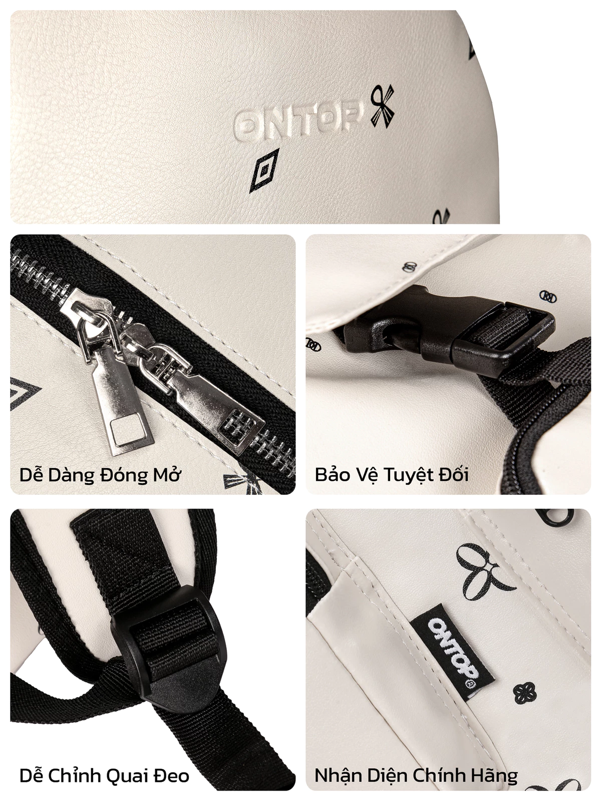 Balo da họa tiết màu kem monogram ONTOP chống nước, nhiều ngăn đi học | Cặp Level O-P10_O-P26