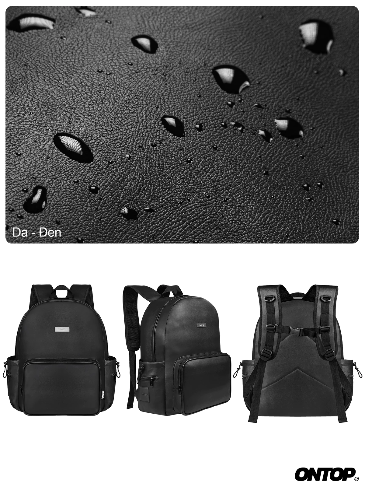 Balo da đen trơn đi học nam nữ ONTOP chống nước nhiều ngăn đựng laptop 14.3 inches Zippered Backpack | O-P32
