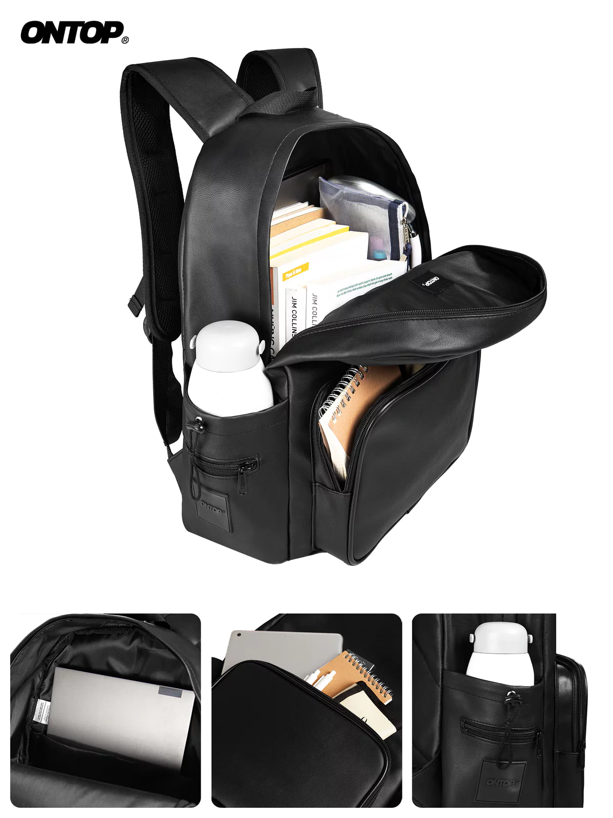 Balo da đen trơn đi học nam nữ ONTOP chống nước nhiều ngăn đựng laptop 14.3 inches Zippered Backpack | O-P32