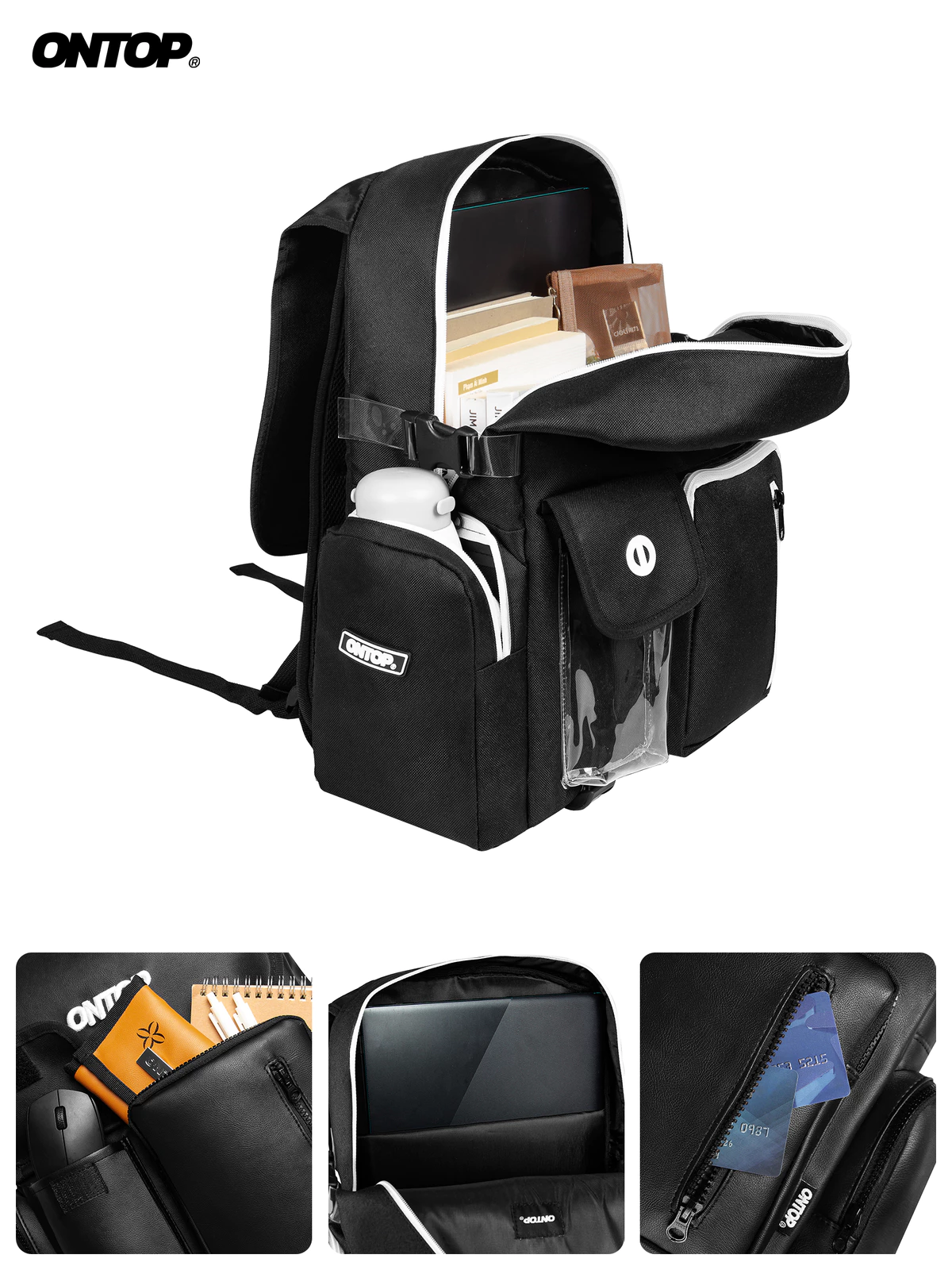 Balo nắp gập da và canvas đi học ONTOP nam nữ nhiều ngăn đen trơn đựng laptop local brand Renew Backpack | O-P024&O-P56