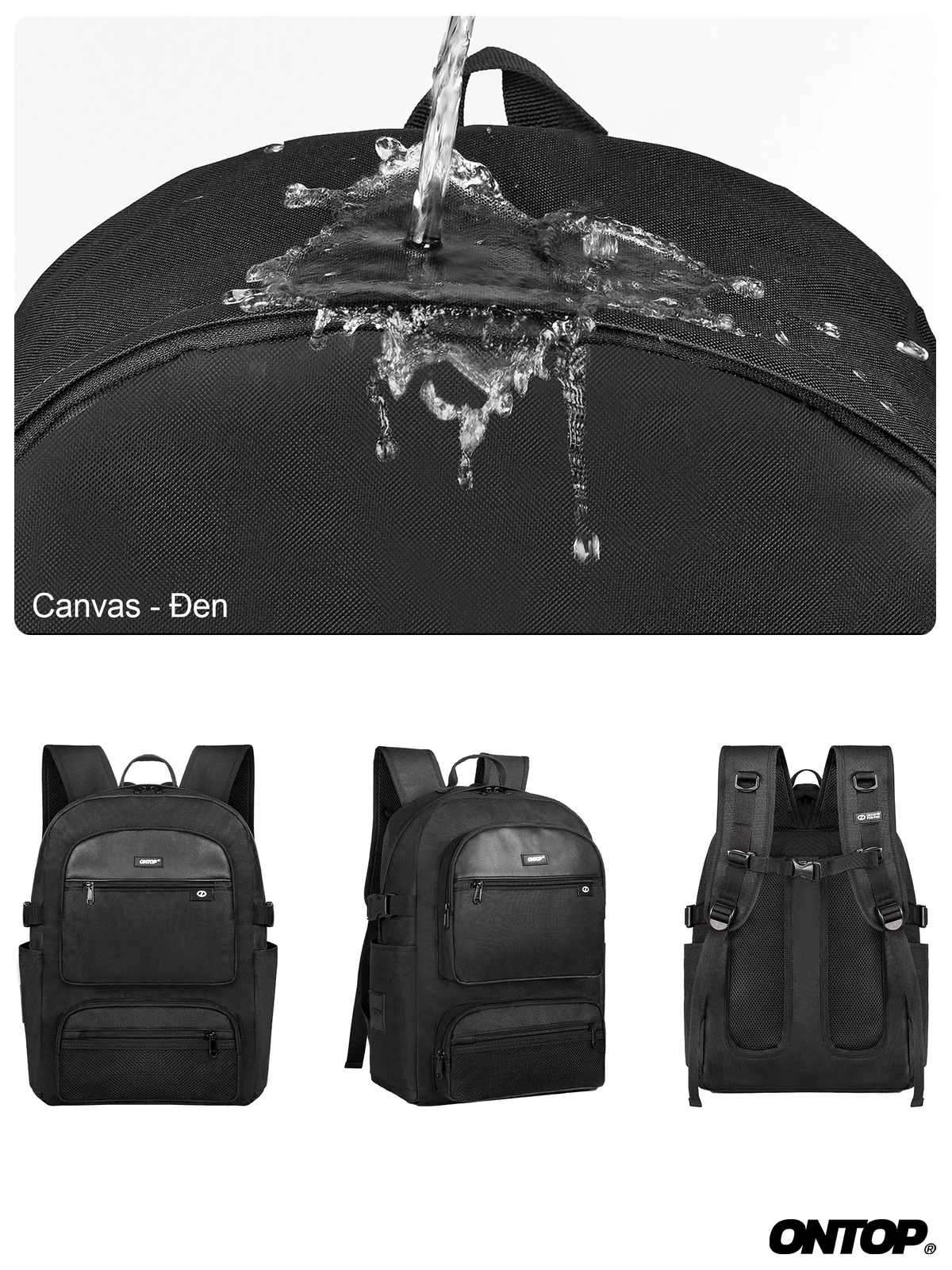 Balo vải canvas chống gù ONTOP nhiều ngăn màu đen, đựng vừa laptop 15.6inch Material Backpack Pos-Pro | O-P62