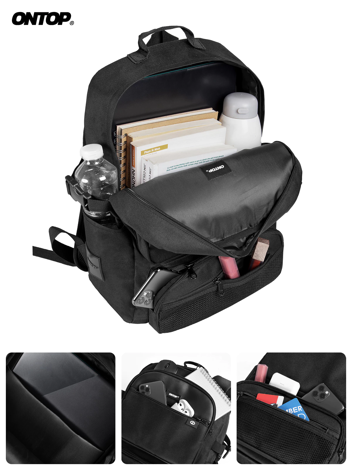 Balo vải canvas chống gù ONTOP nhiều ngăn màu đen, đựng vừa laptop 15.6inch Material Backpack Pos-Pro | O-P62
