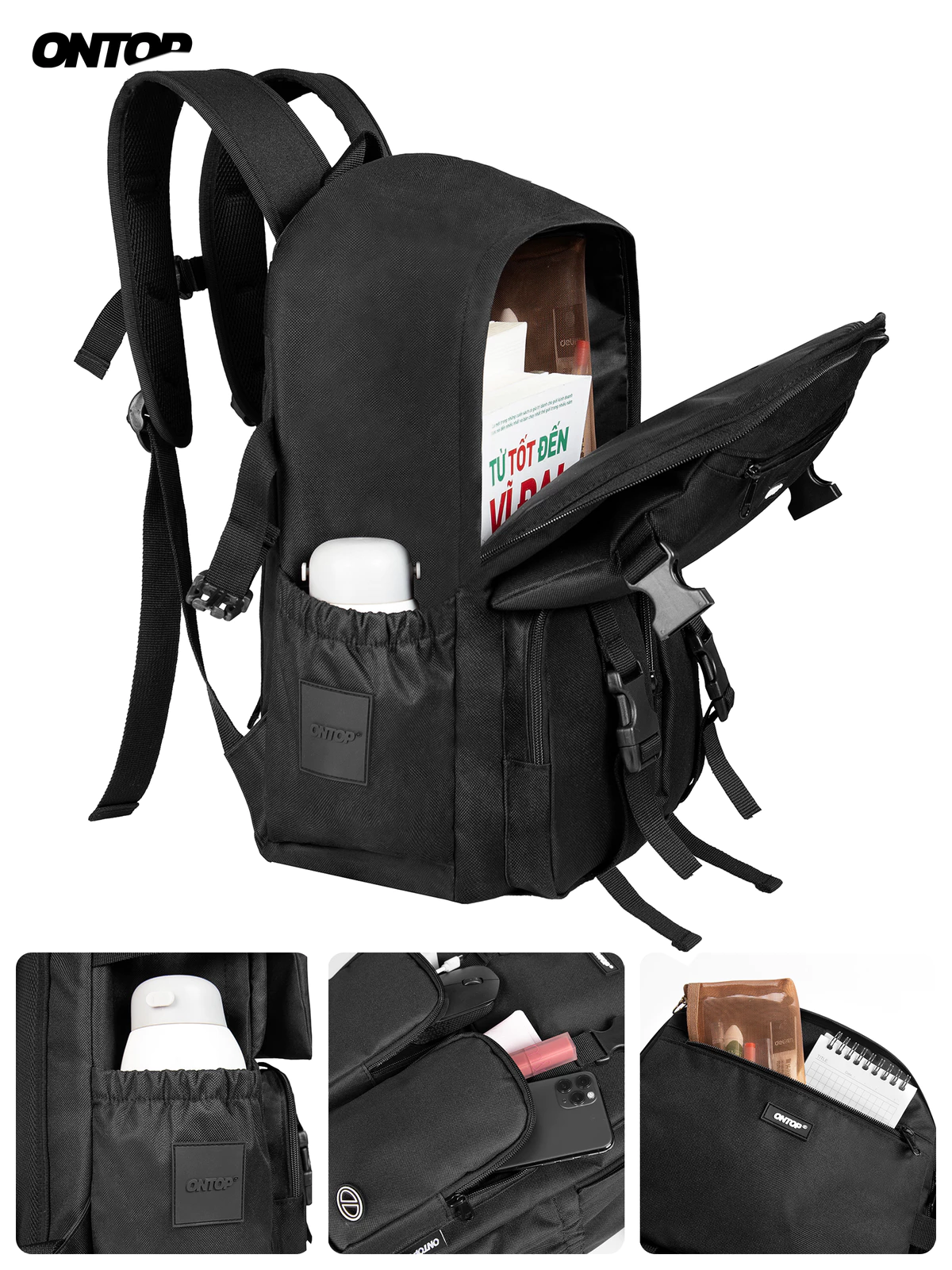 Balo vải canvas chống gù ONTOP canvas nhiều ngăn đựng vừa laptop 15.6inch màu đen Buckle Backpack Pos-Pro | O-P66
