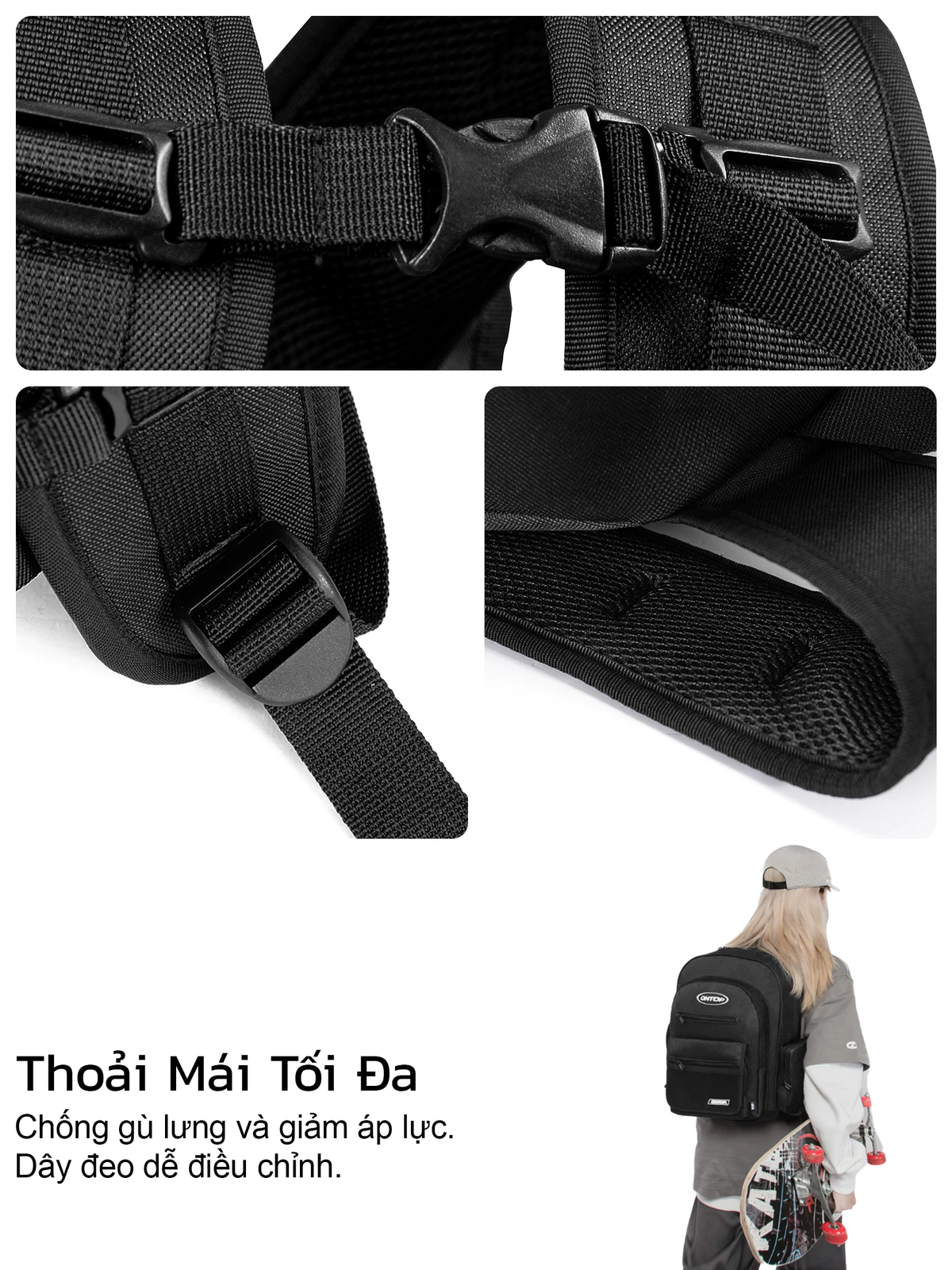 Balo đi học nhiều ngăn vải canvas ONTOP đựng vừa laptop 15.6 inches màu đen local brand Mesh Backpack | O-P30 & O-P74