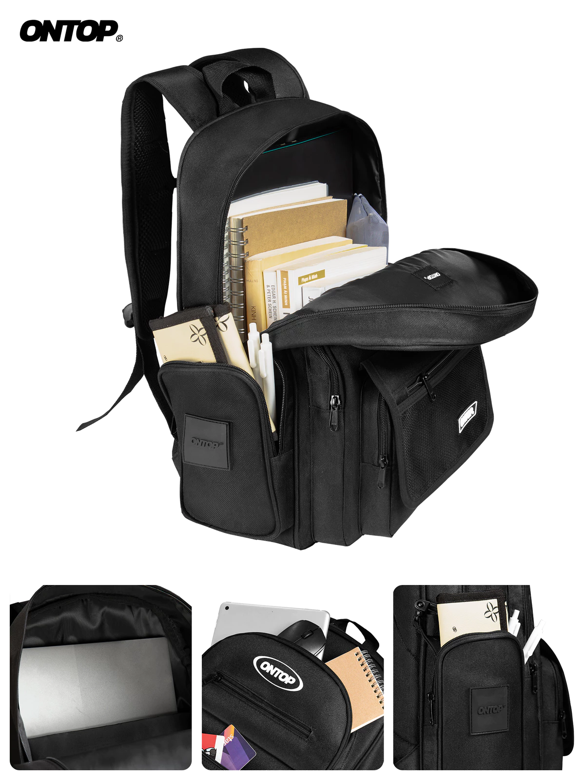 Balo đi học nhiều ngăn vải canvas ONTOP đựng vừa laptop 15.6 inches màu đen local brand Mesh Backpack | O-P30 & O-P74