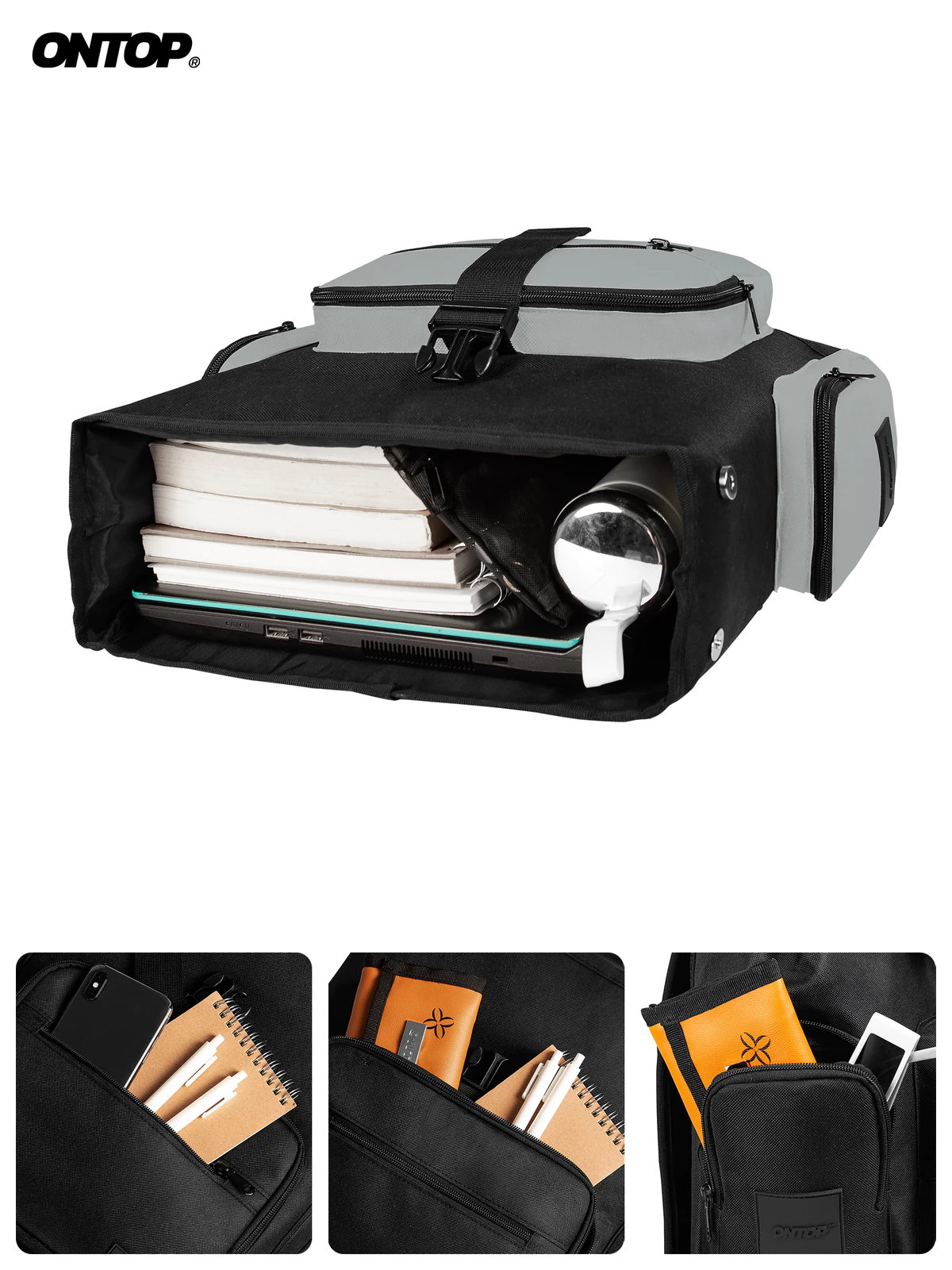 Balo nắp gập canvas nam nữ ONTOP nhiều ngăn, đựng vừa laptop 15.6inches màu đen, xám O-Straps Backpack | O-P50