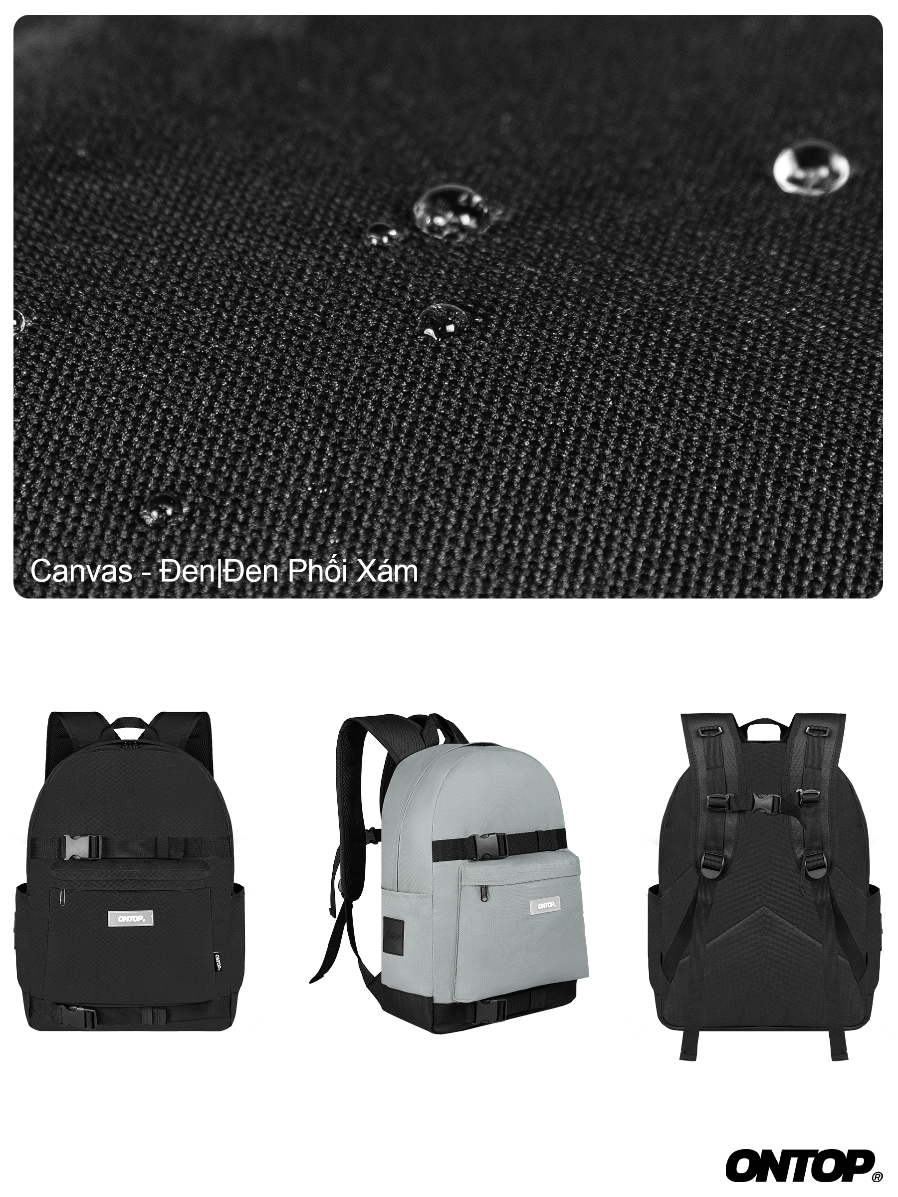 Balo canvas local brand nam nữ ONTOP đen xám nhiều ngăn đựng laptop, khóa gài ván trượt Defense Backpack | O-P35