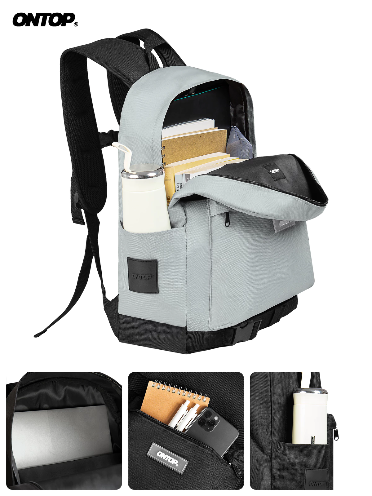 Balo canvas local brand nam nữ ONTOP đen xám nhiều ngăn đựng laptop, khóa gài ván trượt Defense Backpack | O-P35