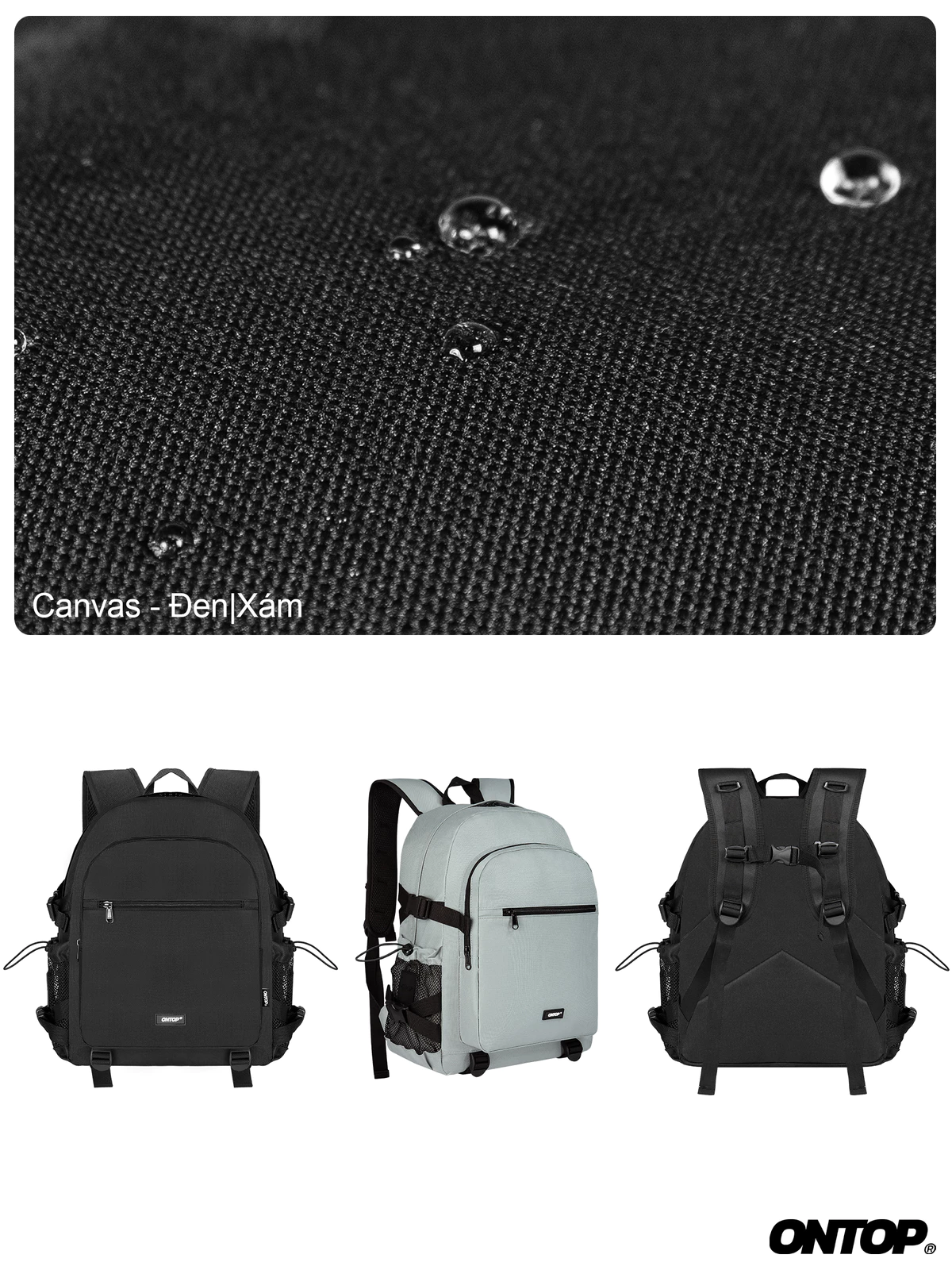 Balo canvas nhiều ngăn local brand ONTOP nam nữ, đựng vừa laptop 15.6 inches màu đen, xám Airflow Backpack | O-P53