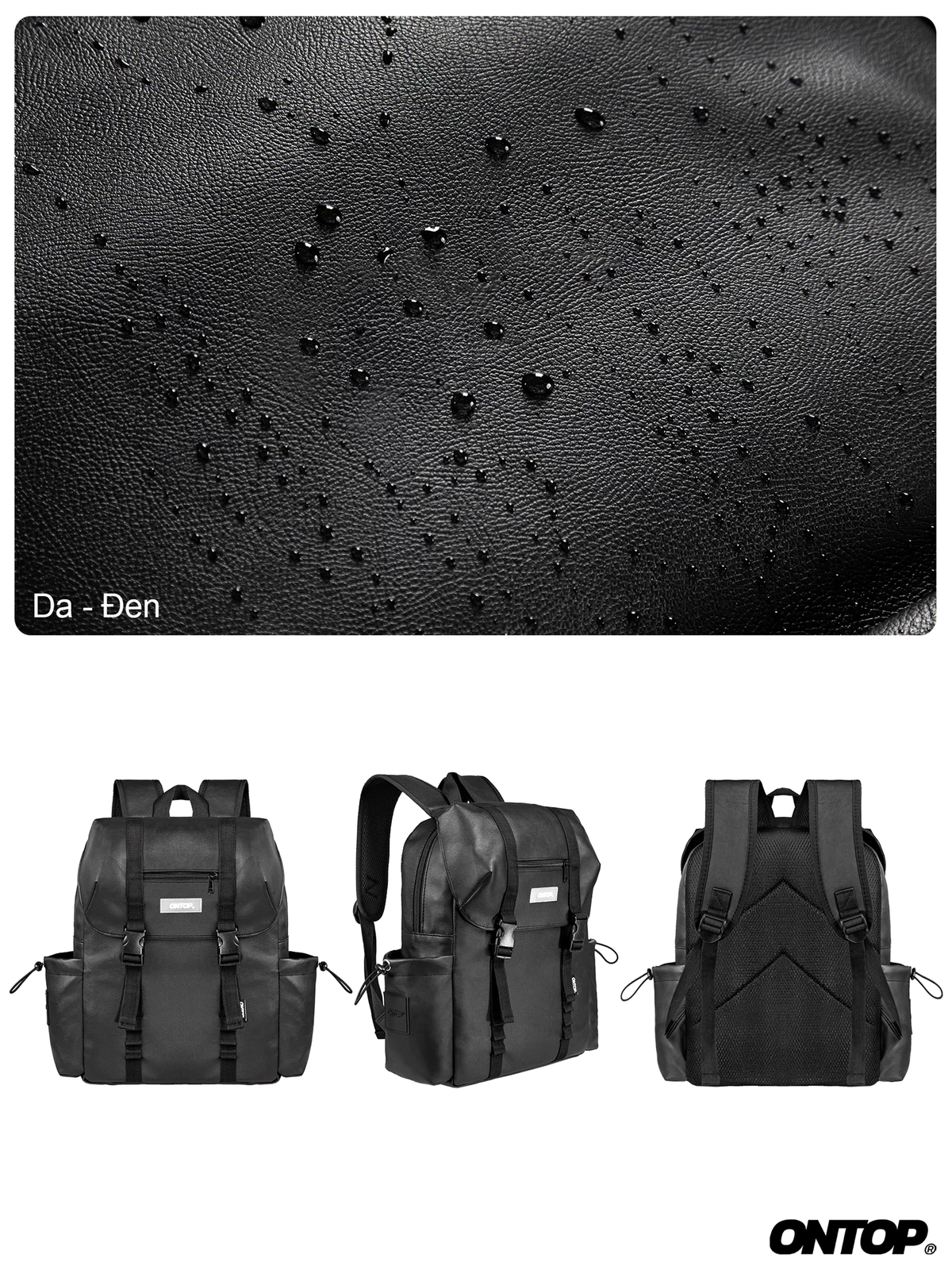 Balo nam đi học nắp gập ONTOP vải da màu đen đựng vừa laptop 14 inches local brand Camelia Backpack | O-P57