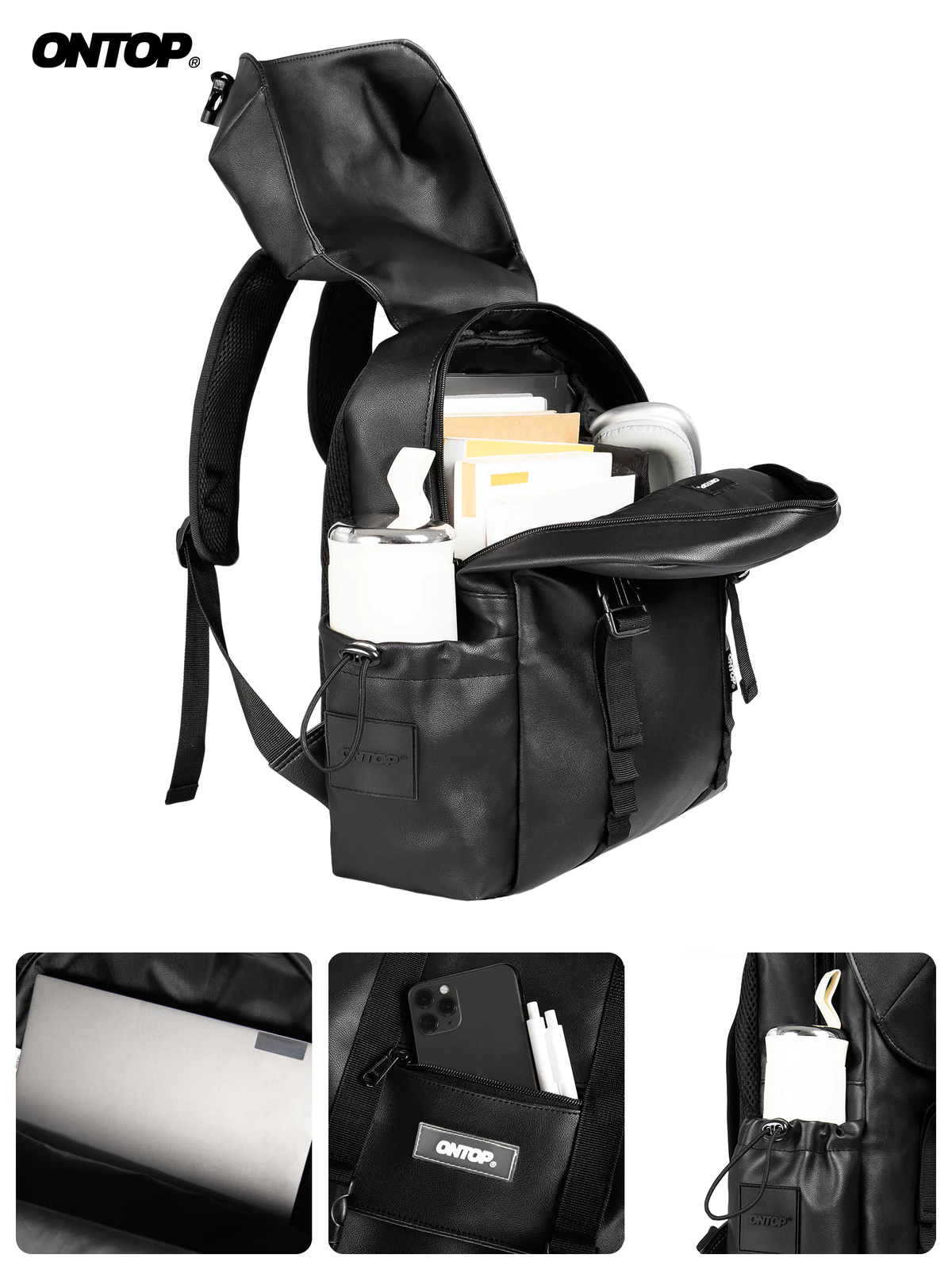 Balo nam đi học nắp gập ONTOP vải da màu đen đựng vừa laptop 14 inches local brand Camelia Backpack | O-P57
