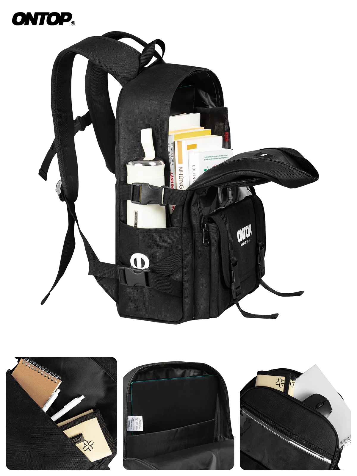 Balo nhiều ngăn màu đen nam nữ ONTOP vải canvas đựng vừa laptop 15.6 inches local brand School | O-P20
