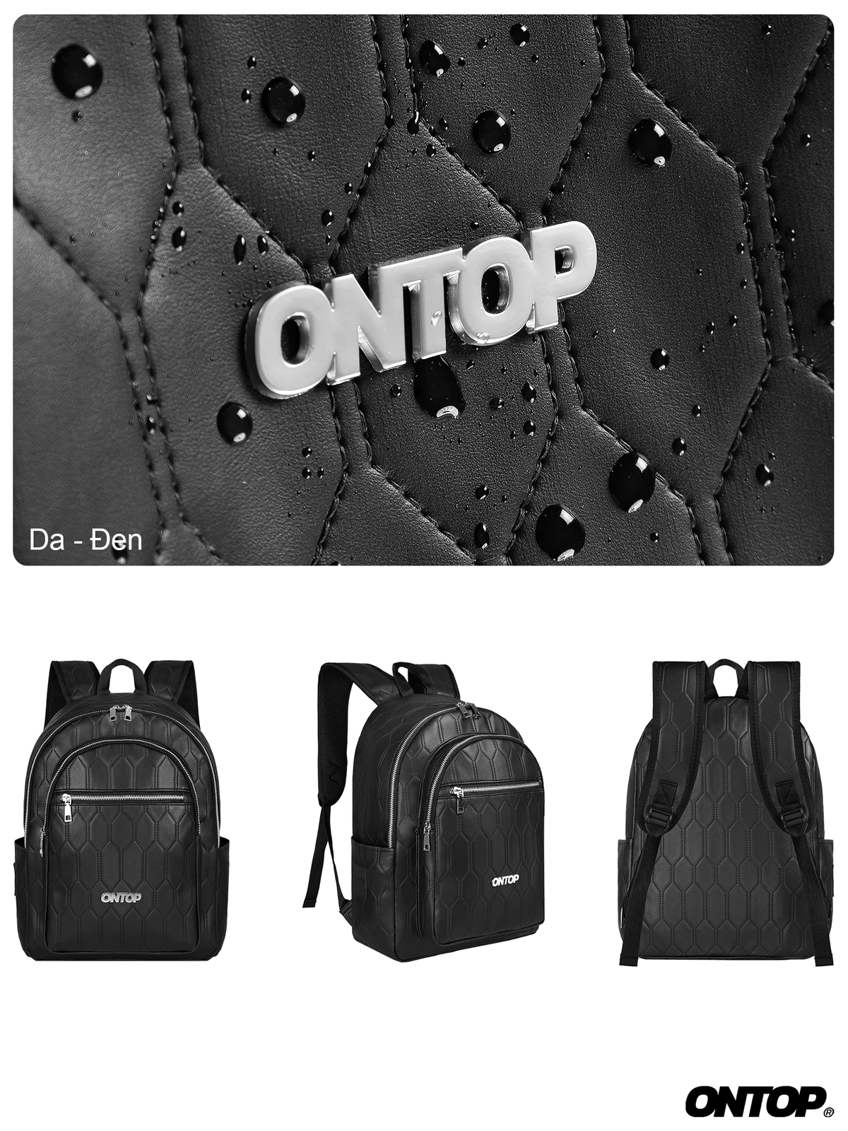 Balo da local brand nam nữ ONTOP màu đen chống nước nhiều ngăn đựng laptop 14.3 inches Quilted Backpack | O-P58