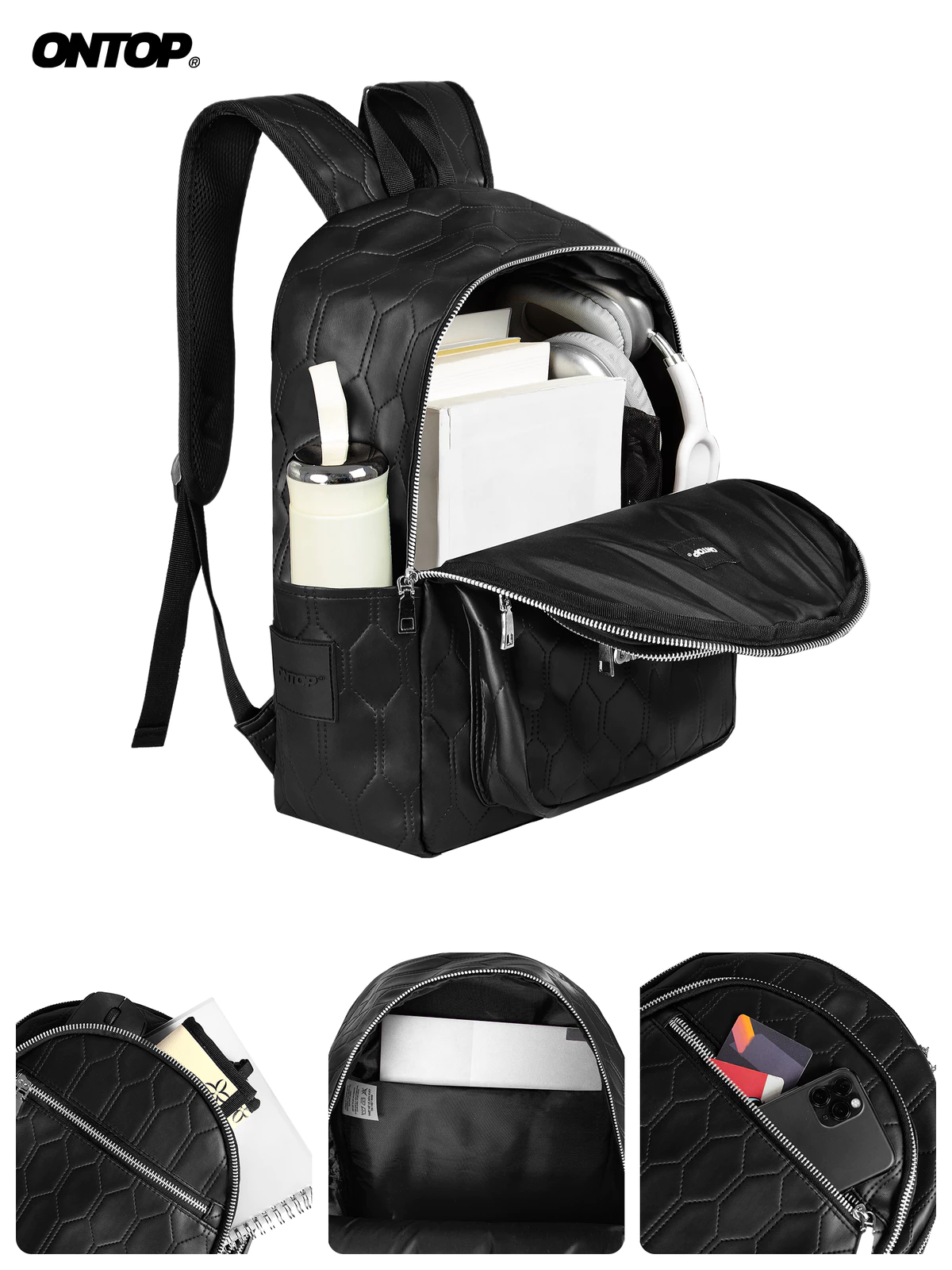 Balo da local brand nam nữ ONTOP màu đen chống nước nhiều ngăn đựng laptop 14.3 inches Quilted Backpack | O-P58