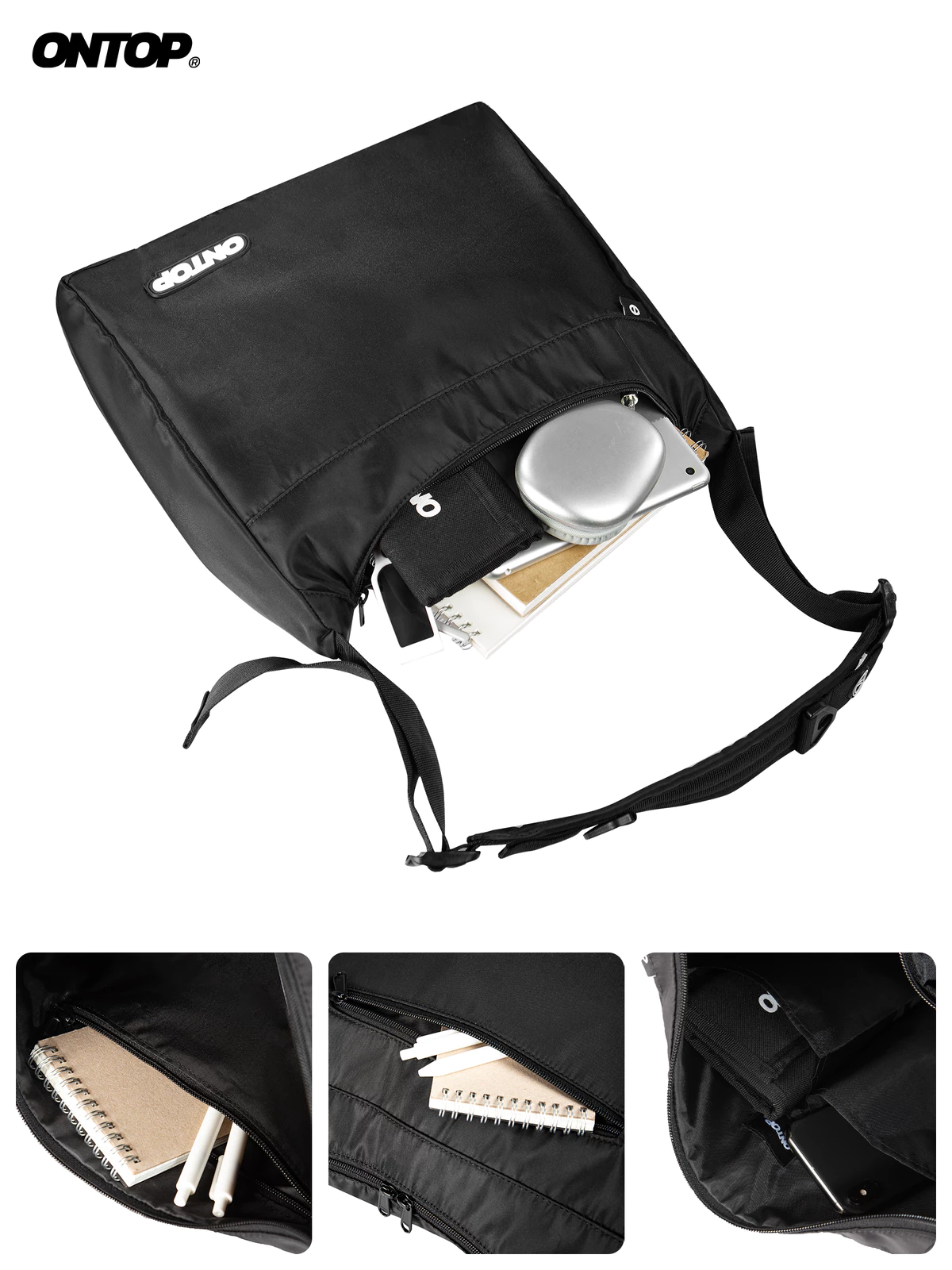 Túi đeo chéo to vải dù chống nước ONTOP nhiều ngăn, đựng vừa laptop 14.3inch màu đen Essential Messenger Bag | O-B72