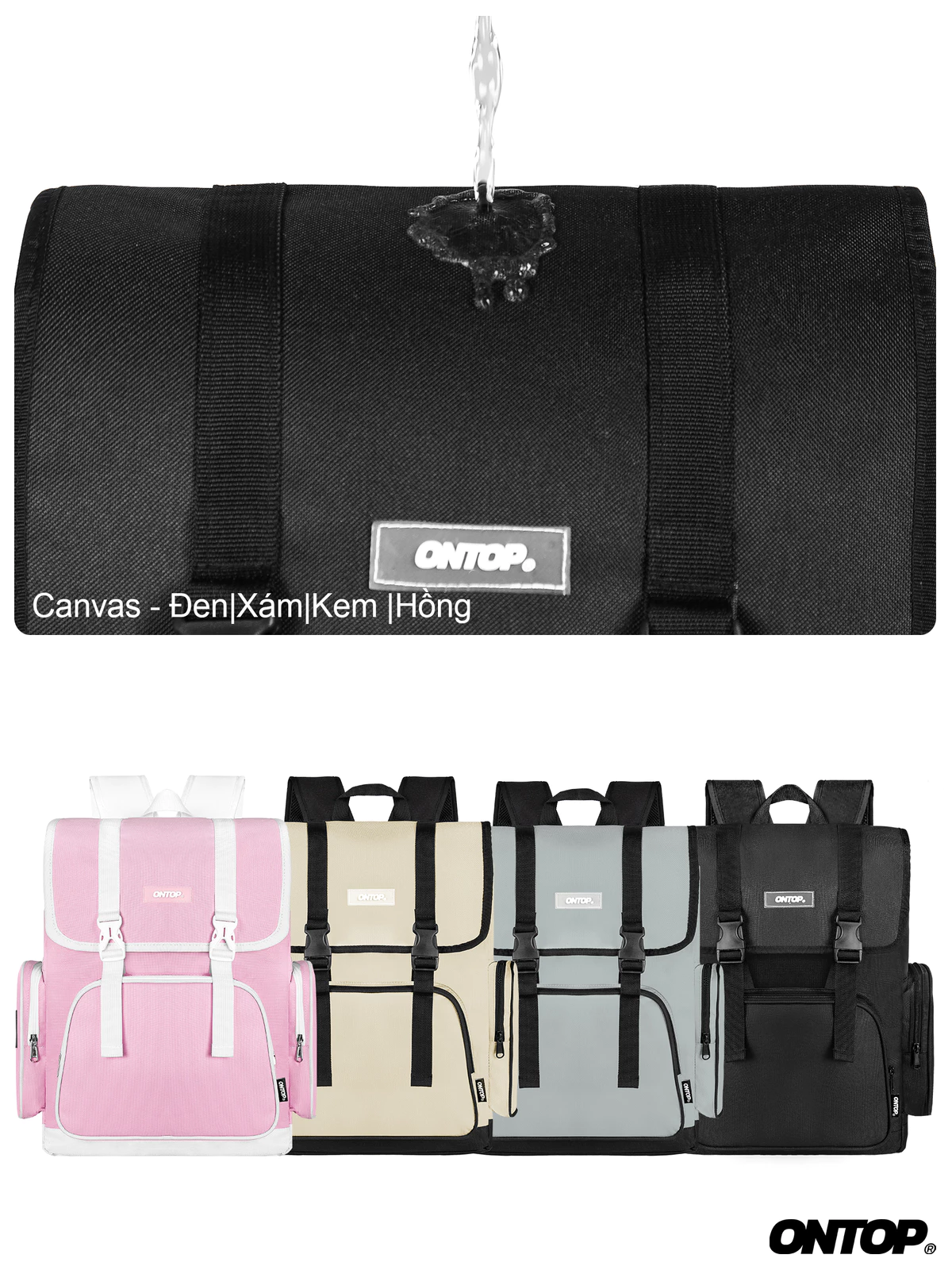 Balo canvas nắp gập local brand ONTOP đựng vừa laptop 15.6inch màu đen, xám, kem, hồng Mili Backpack | O-P34