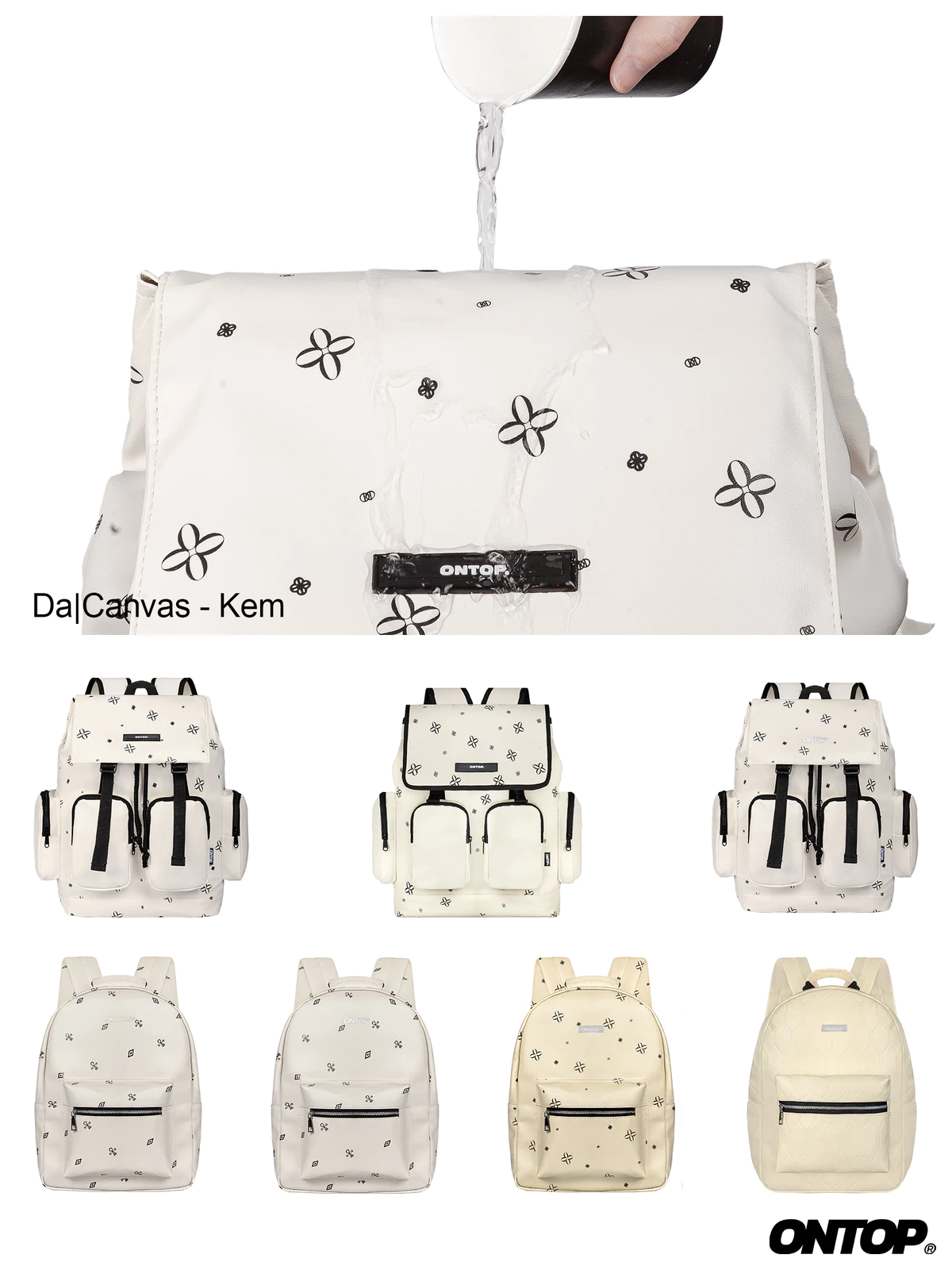 Balo da họa tiết màu kem monogram ONTOP chống nước, nhiều ngăn đi học | Cặp Level O-P10_O-P26