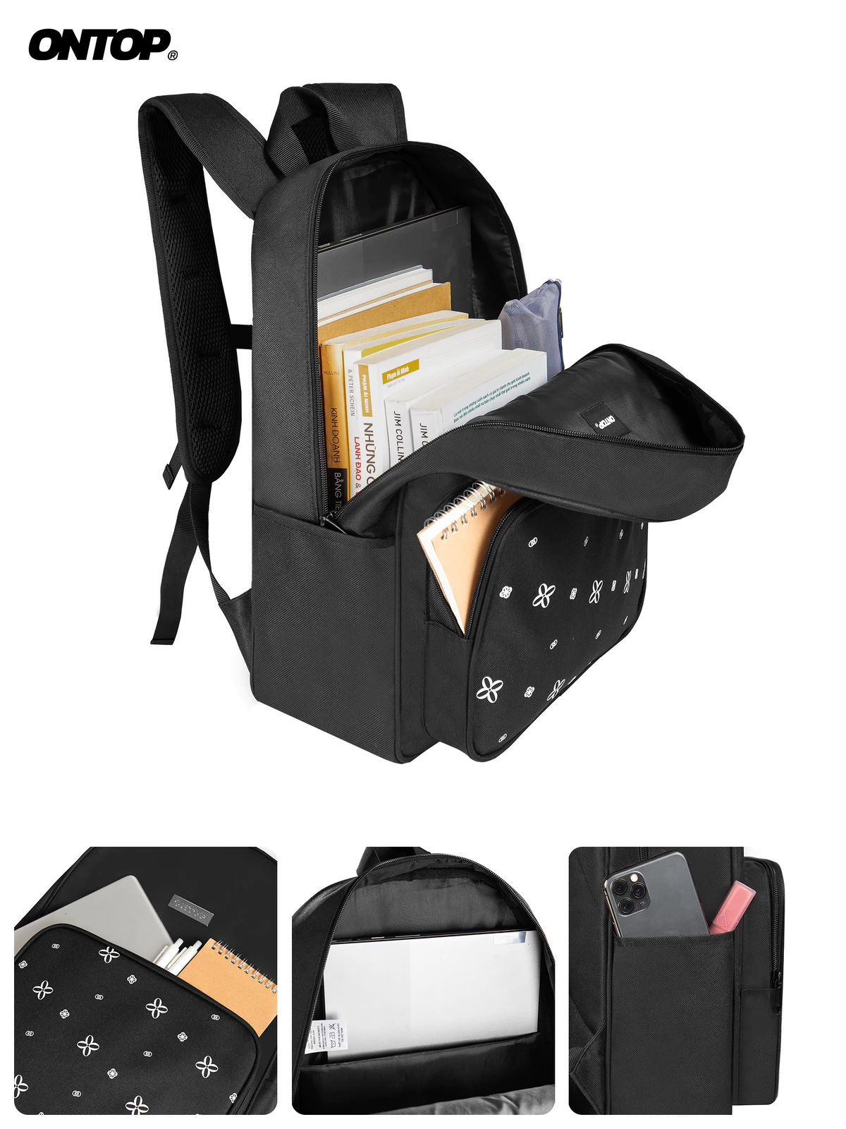 Balo họa tiết canvas local brand ONTOP nhiều ngăn đựng vừa laptop 14.3inches màu đen Level backpack | O-P29