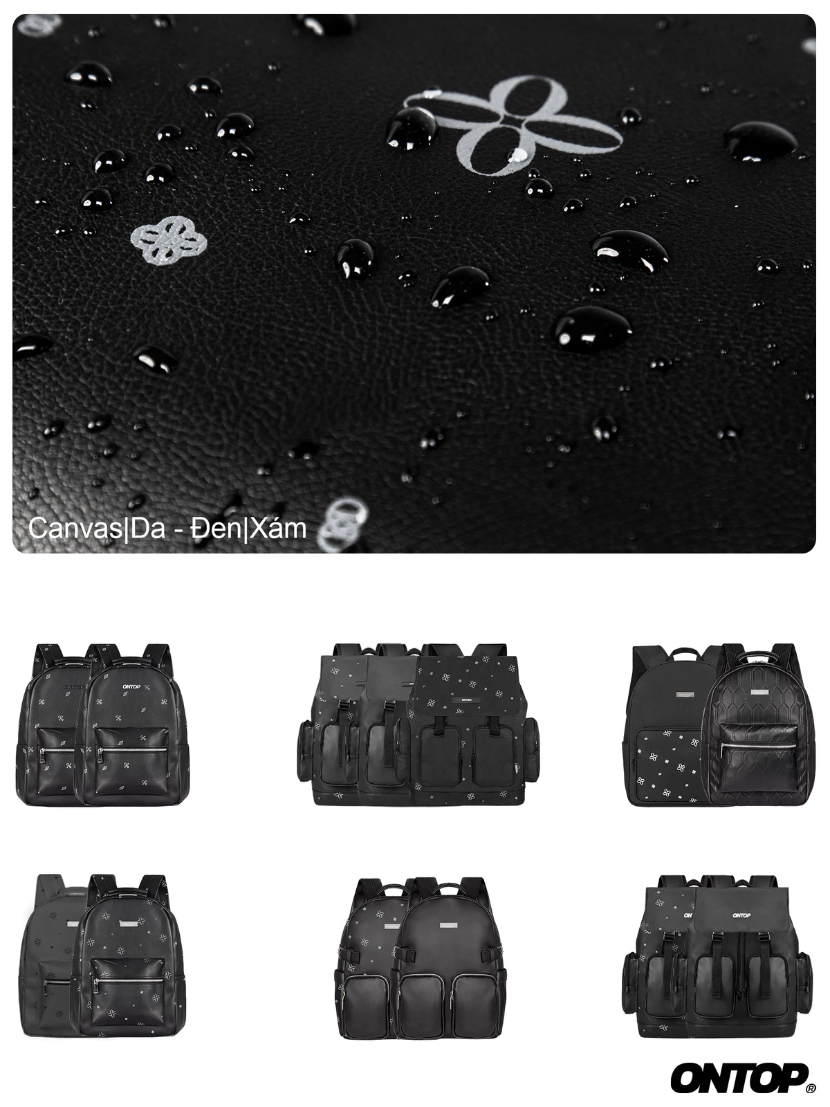 Balo đen chống nước local brand ONTOP họa tiết monogram nhiều ngăn, đựng vừa laptop Level Backpack
