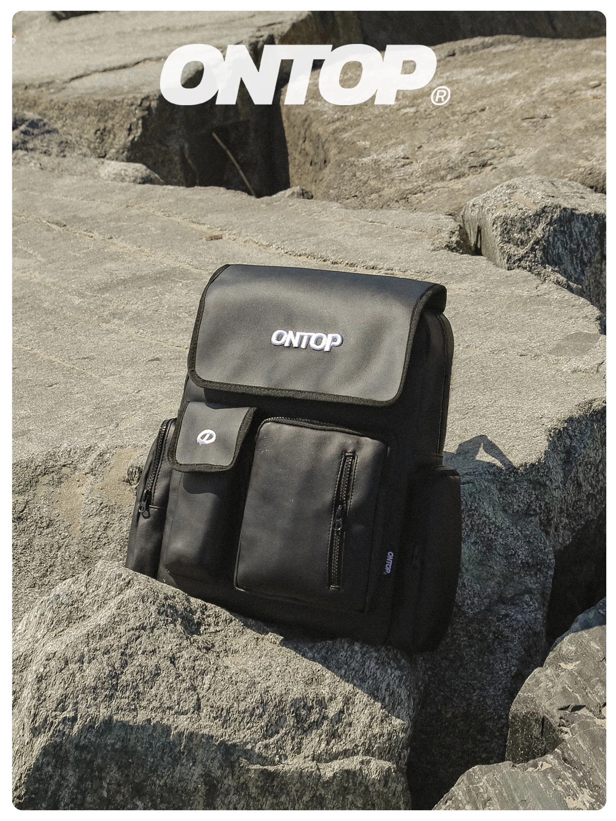 Balo nắp gập da và canvas đi học ONTOP nam nữ nhiều ngăn đen trơn đựng laptop local brand Renew Backpack | O-P024&O-P56