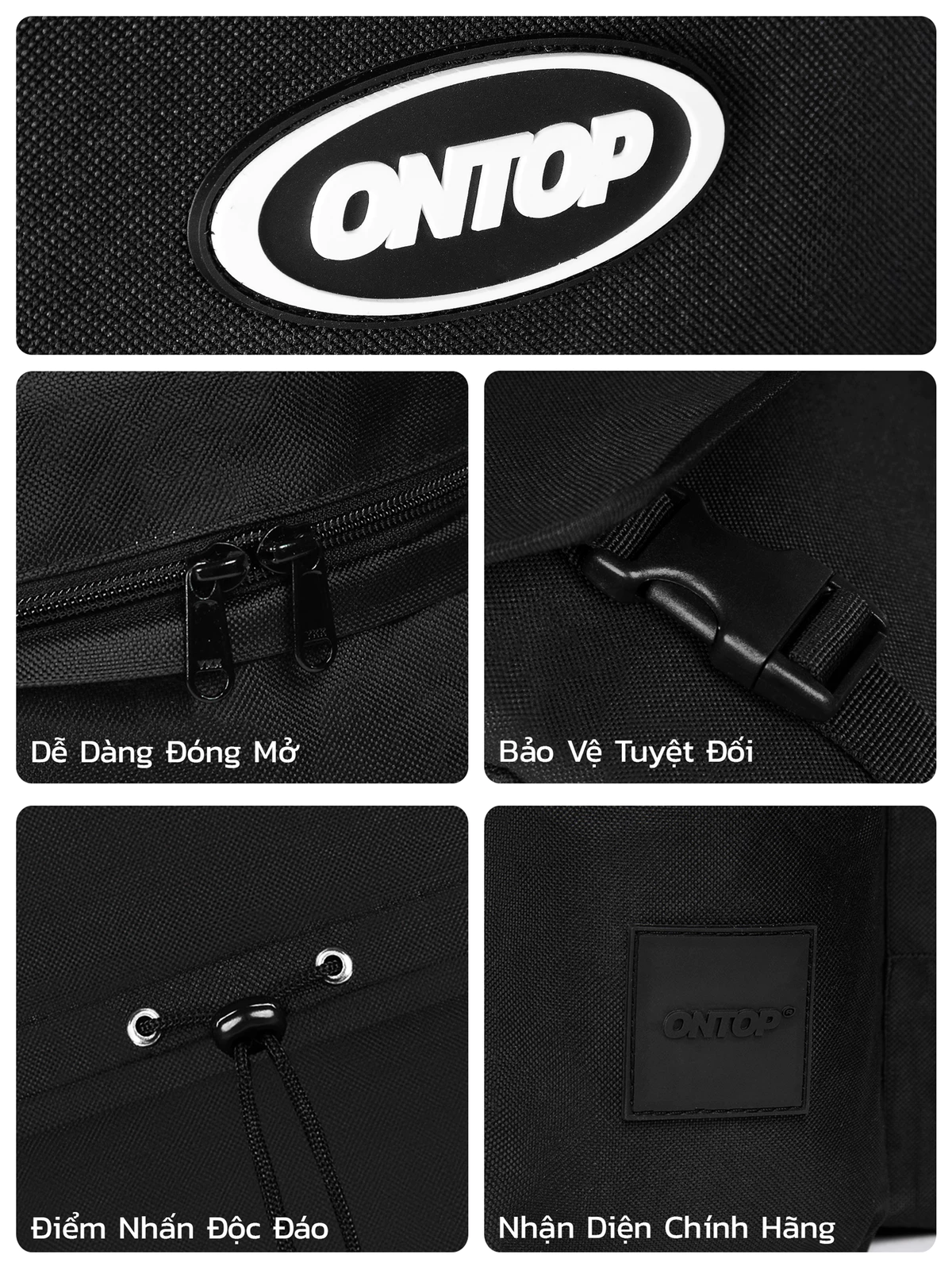 Balo đi học local brand ONTOP màu đen trơn nhiều ngăn dây rút đựng laptop Drawstring Backpack | O-P31