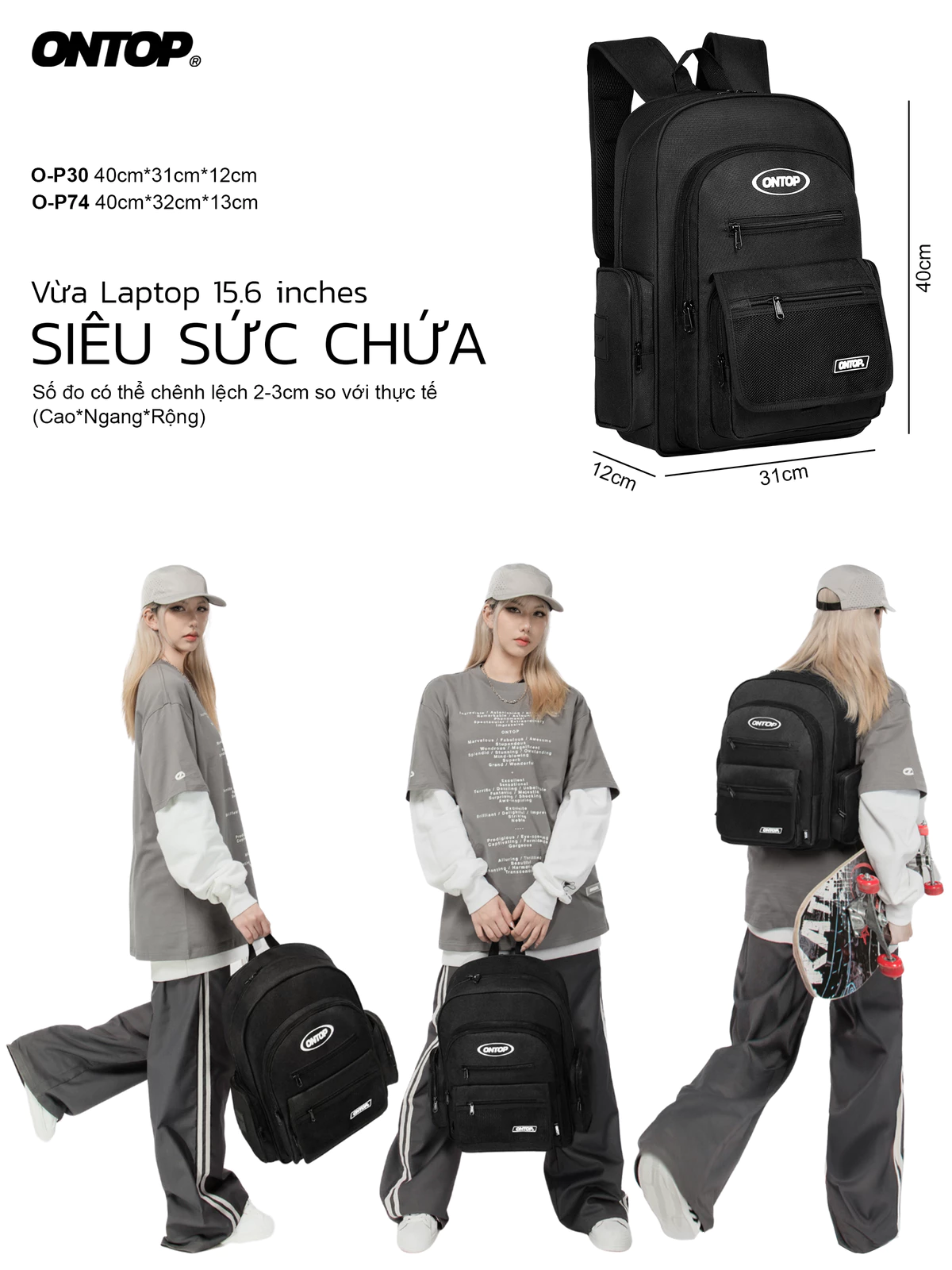 Balo đi học nhiều ngăn vải canvas ONTOP đựng vừa laptop 15.6 inches màu đen local brand Mesh Backpack | O-P30 & O-P74