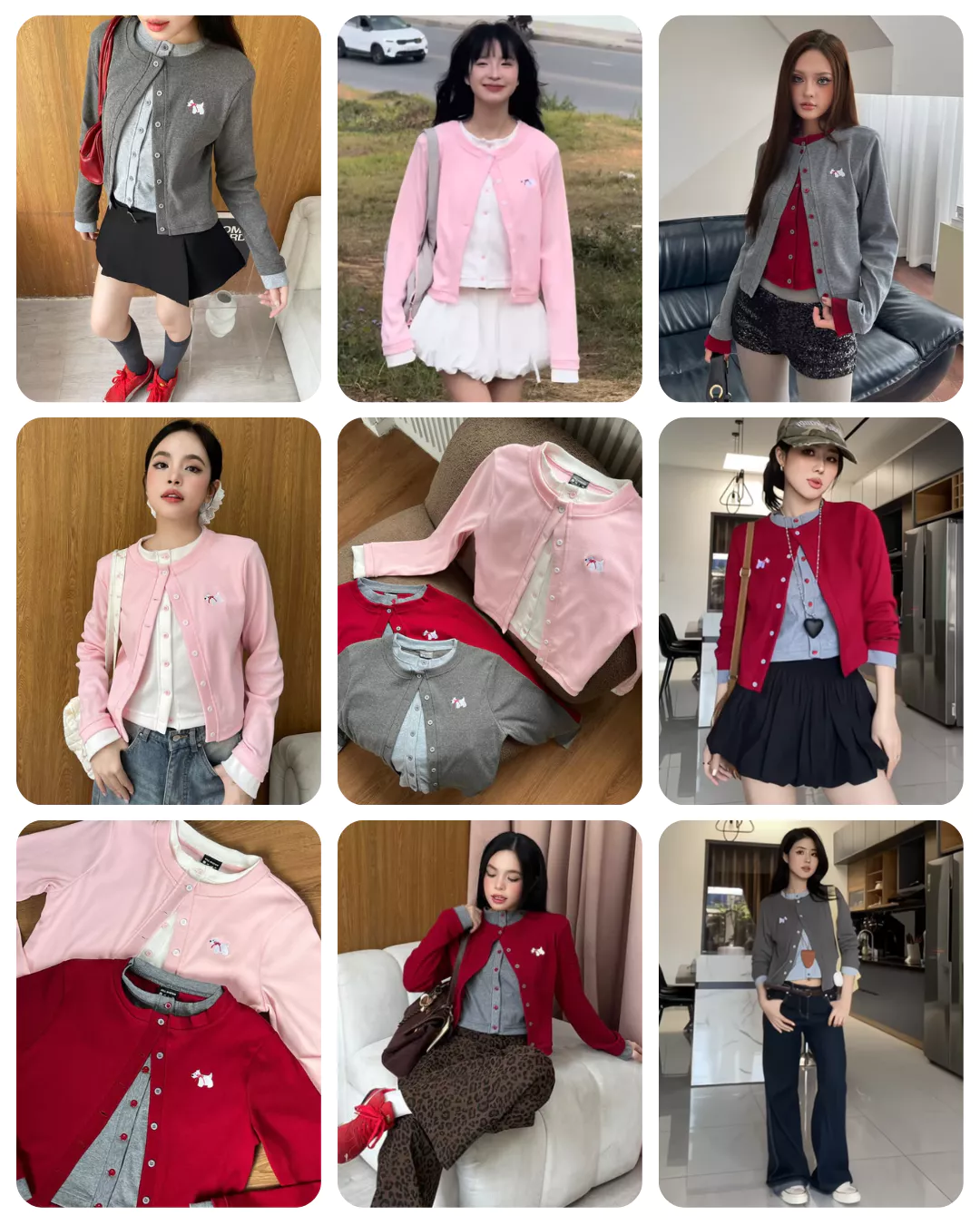 𝐊𝐈𝐋𝐋 𝐒𝐘𝐒𝐓𝐄𝐌 - Áo cardigan phối layer hai màu thun gân WESTIE hình thêu cún con