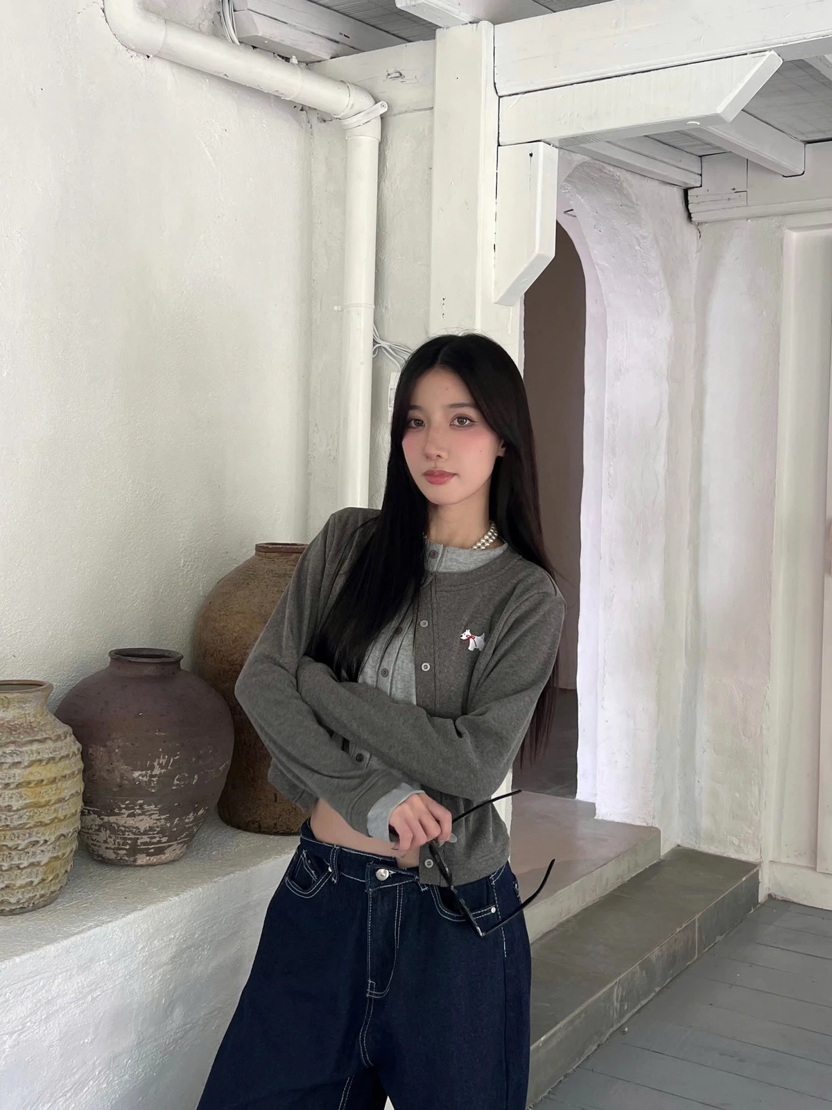 𝐊𝐈𝐋𝐋 𝐒𝐘𝐒𝐓𝐄𝐌 - Áo cardigan phối layer hai màu thun gân WESTIE hình thêu cún con