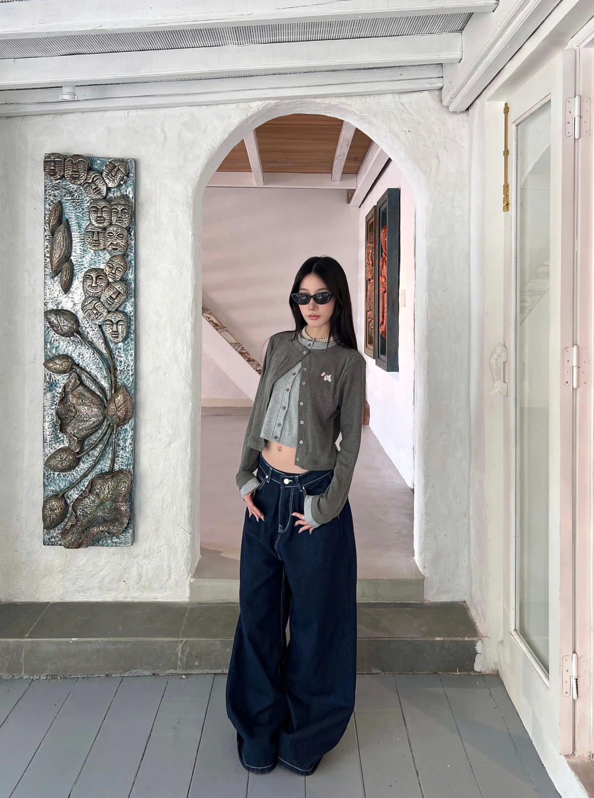 𝐊𝐈𝐋𝐋 𝐒𝐘𝐒𝐓𝐄𝐌 - Áo cardigan phối layer hai màu thun gân WESTIE hình thêu cún con