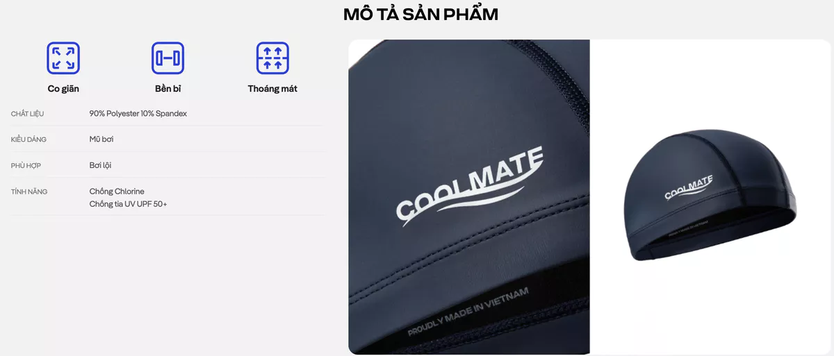 Mũ bơi thể thao nam nữ co giãn, bền bỉ, thoáng mát, kháng Clo, chống tia UV Coolmate
