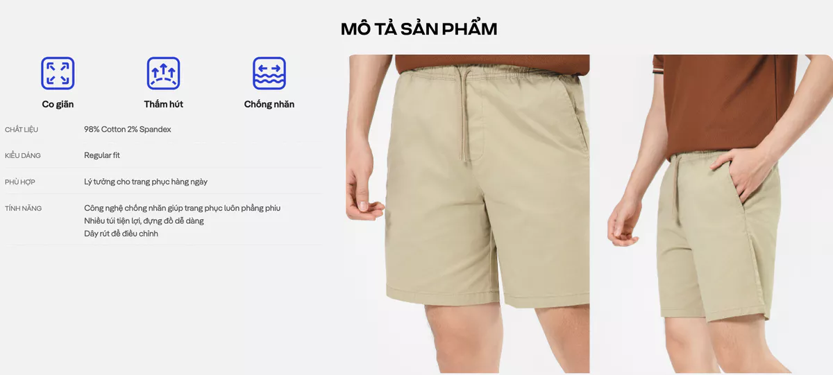 Quần short Chino nam 7inch co giãn, thấm hút tốt, quần đùi dạo phố, du lịch Coolmate
