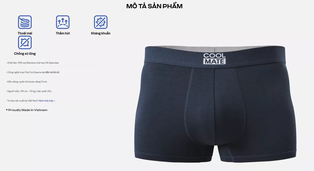 Combo 5 quần lót sịp nam trunk bamboo mềm mại, kháng khuẩn, thấm hút Coolmate [Màu ngẫu nhiên]