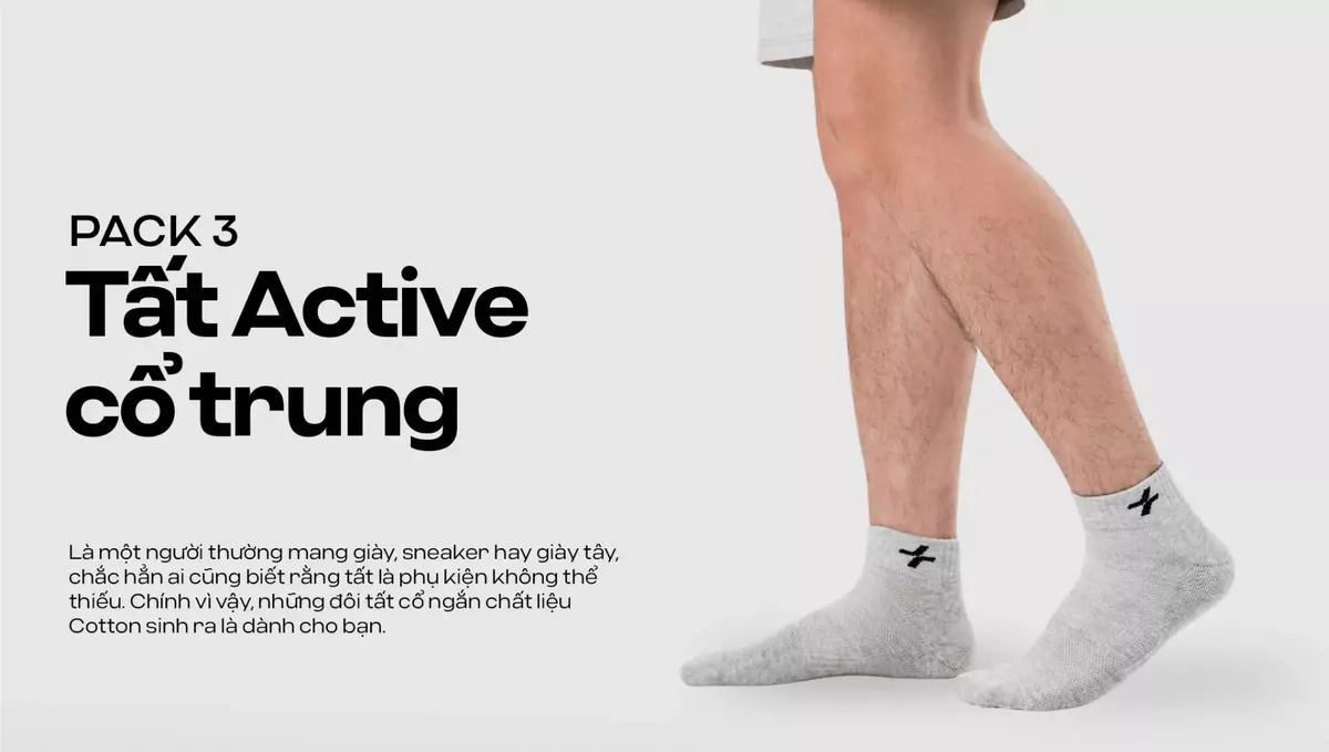 Pack 3 tất vớ active cổ trung mềm mại thoáng khí Coolmate  [Không đổi trả]