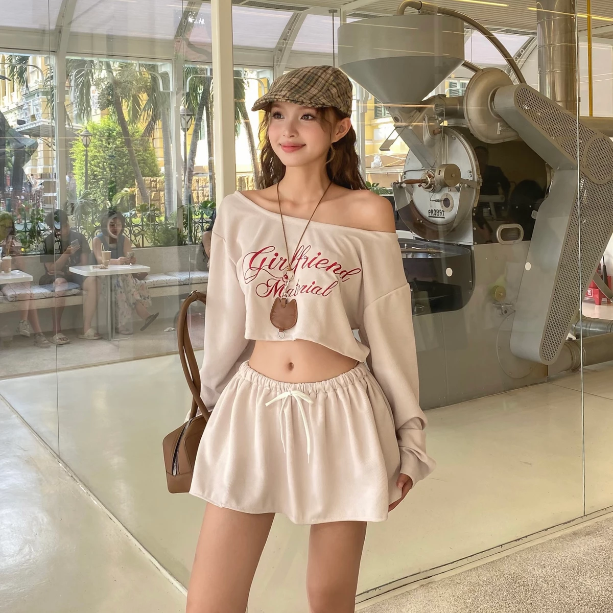 FFCLUB - ÁO LỆCH VAI TAY DÀI FROM CROP WAFFLE THÊU GIRL FRIEND & CHÂN VÁY XÒE BỒNG BỀNH