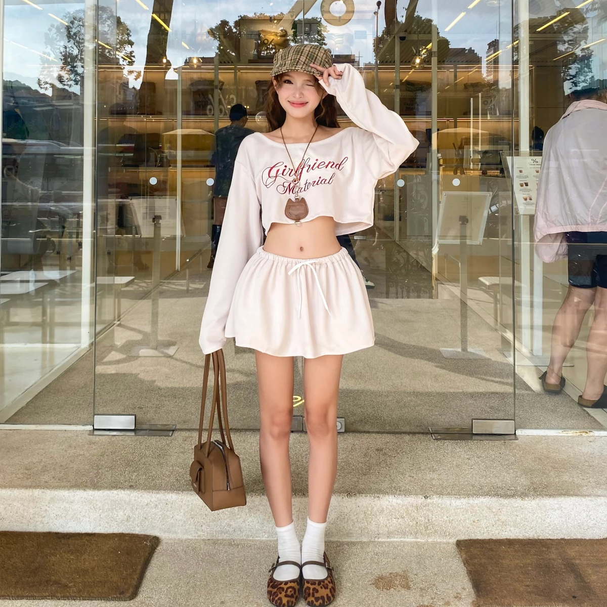 FFCLUB - ÁO LỆCH VAI TAY DÀI FROM CROP WAFFLE THÊU GIRL FRIEND & CHÂN VÁY XÒE BỒNG BỀNH