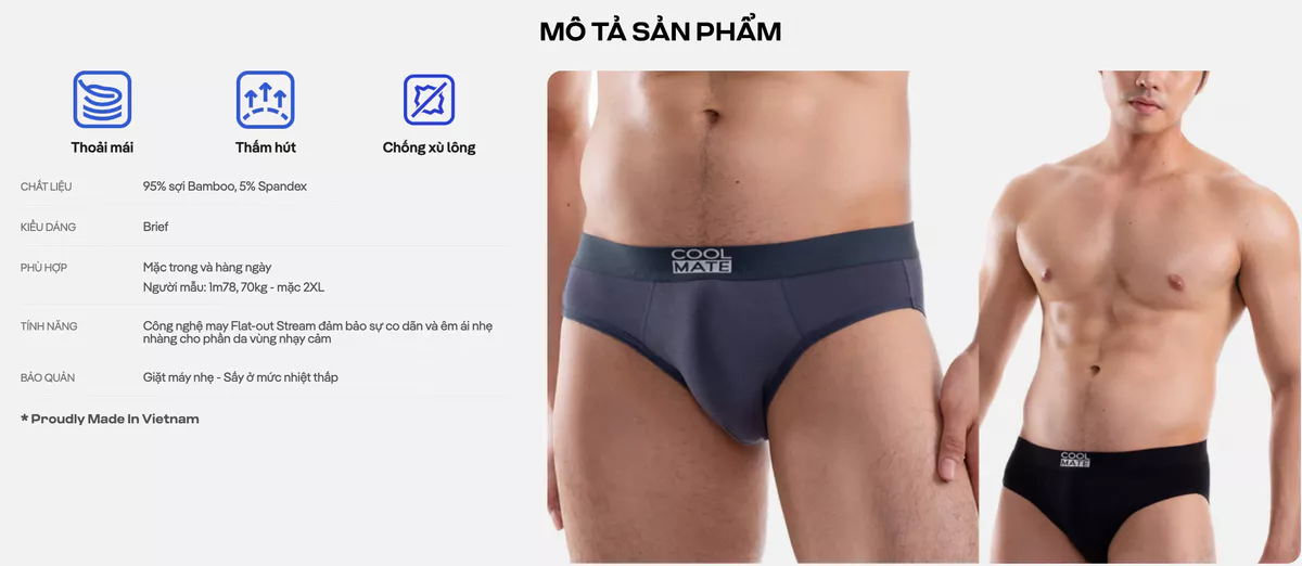 Set 2 quần lót nam Bamboo Brief tam giác mềm mại, thấm hút, kháng khuẩn Coolmate