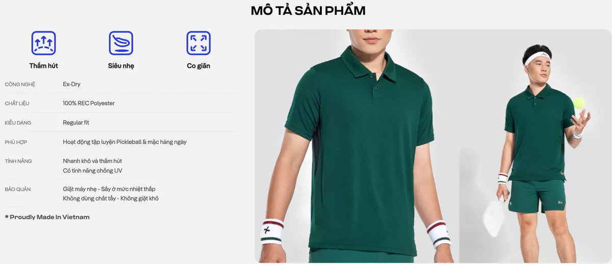 Áo polo thể thao nam Pickleball Baseline Nhanh khô, Thoáng khí, Thấm hút tốt Coolmate